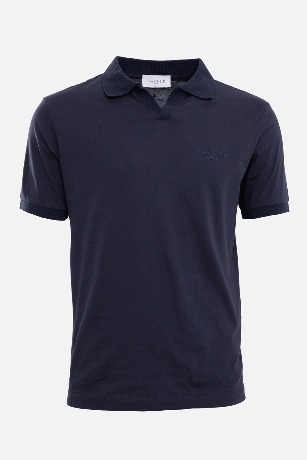 Gaëlle Paris men's polo shirt in navy blue, front view, tonal chest logo embroidery and ribbed cuffs