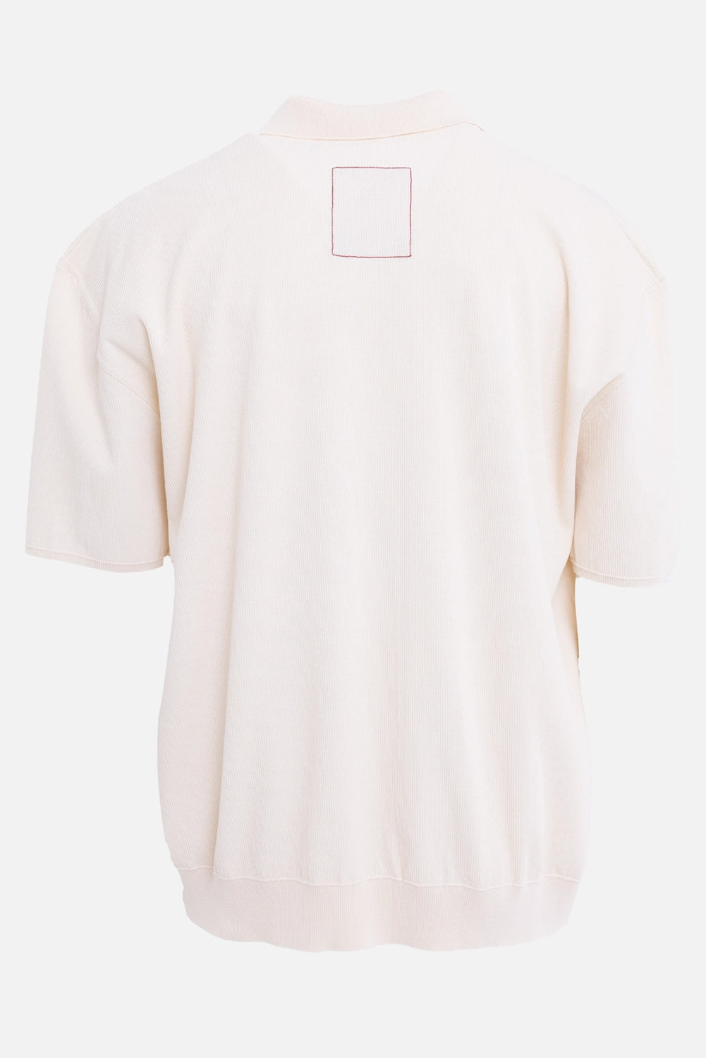 Uma Wang men's polo shirt in off white, back view, square stitched patch detail at nape
