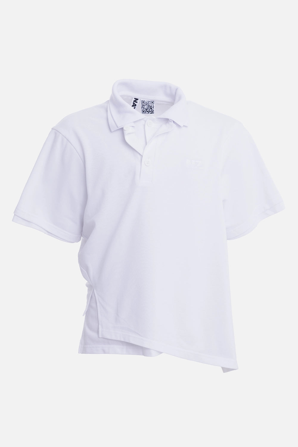 Natasha Zinko men's white polo shirt, front view with embroidered NZ logo and asymmetric layered construction