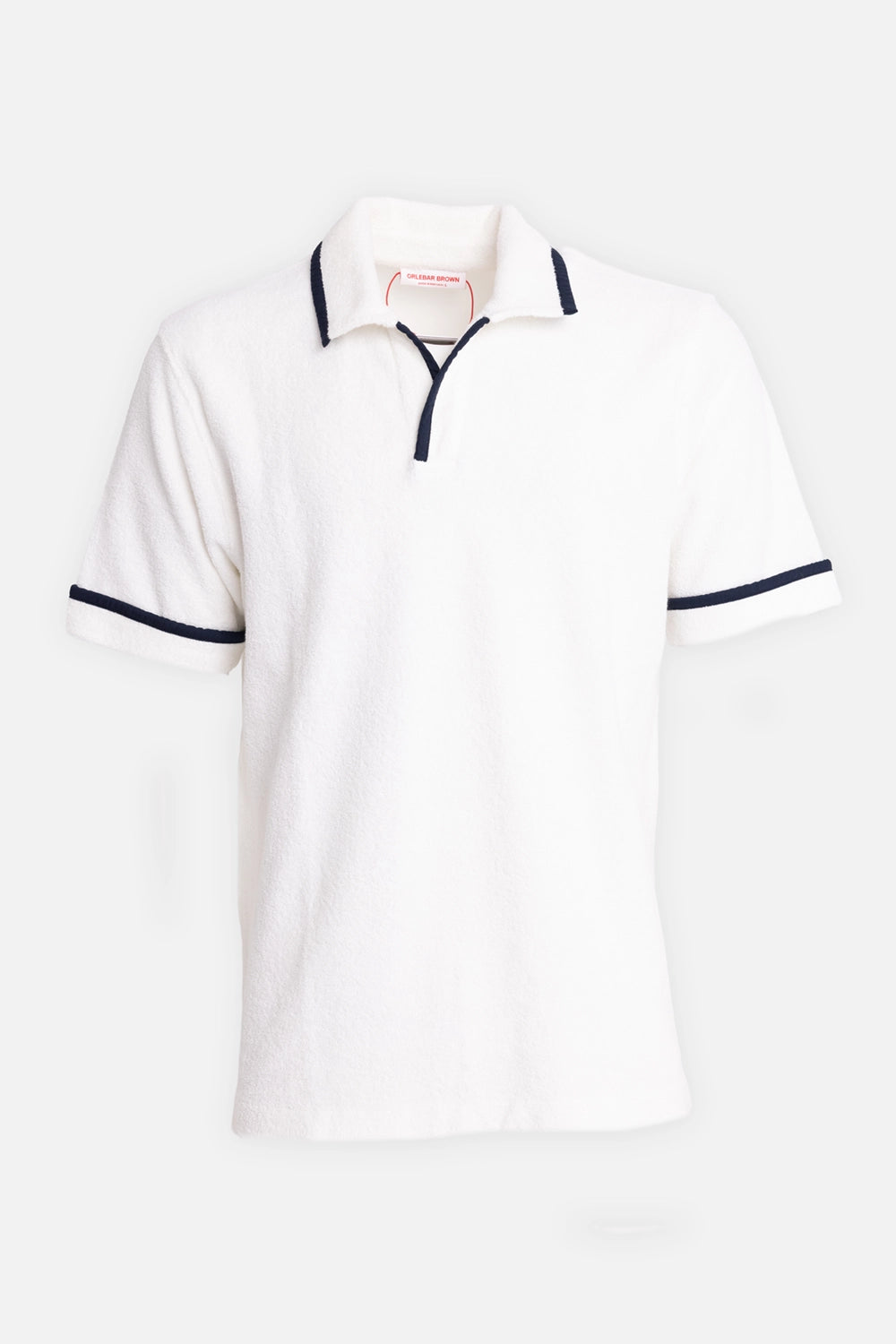Orlebar Brown men's polo shirt in White Sand/Night Iris, front view, towelling texture and open placket
