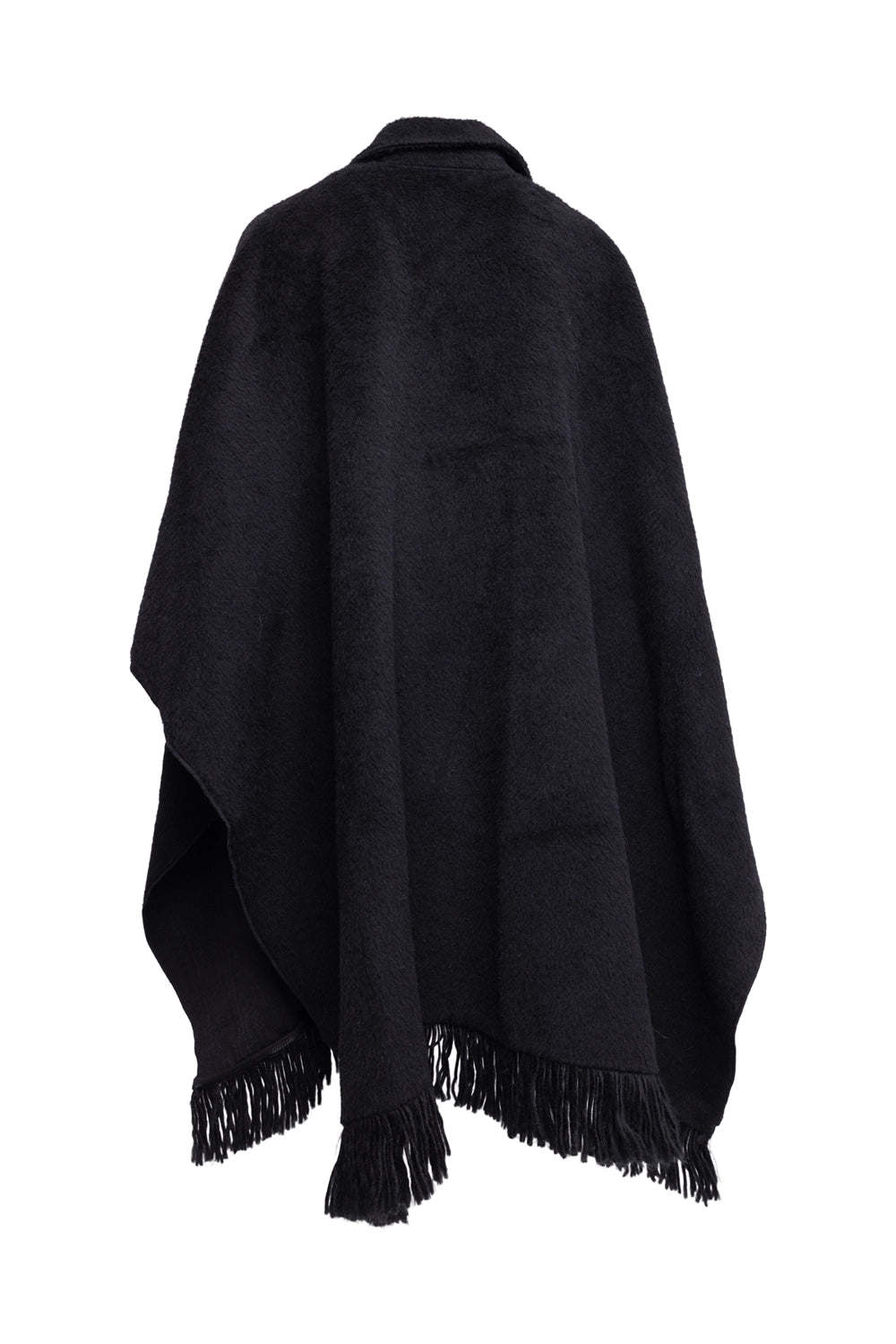 Pre-owned Brunello Cucinelli women's poncho in black, back view, draped silhouette and fringe trim