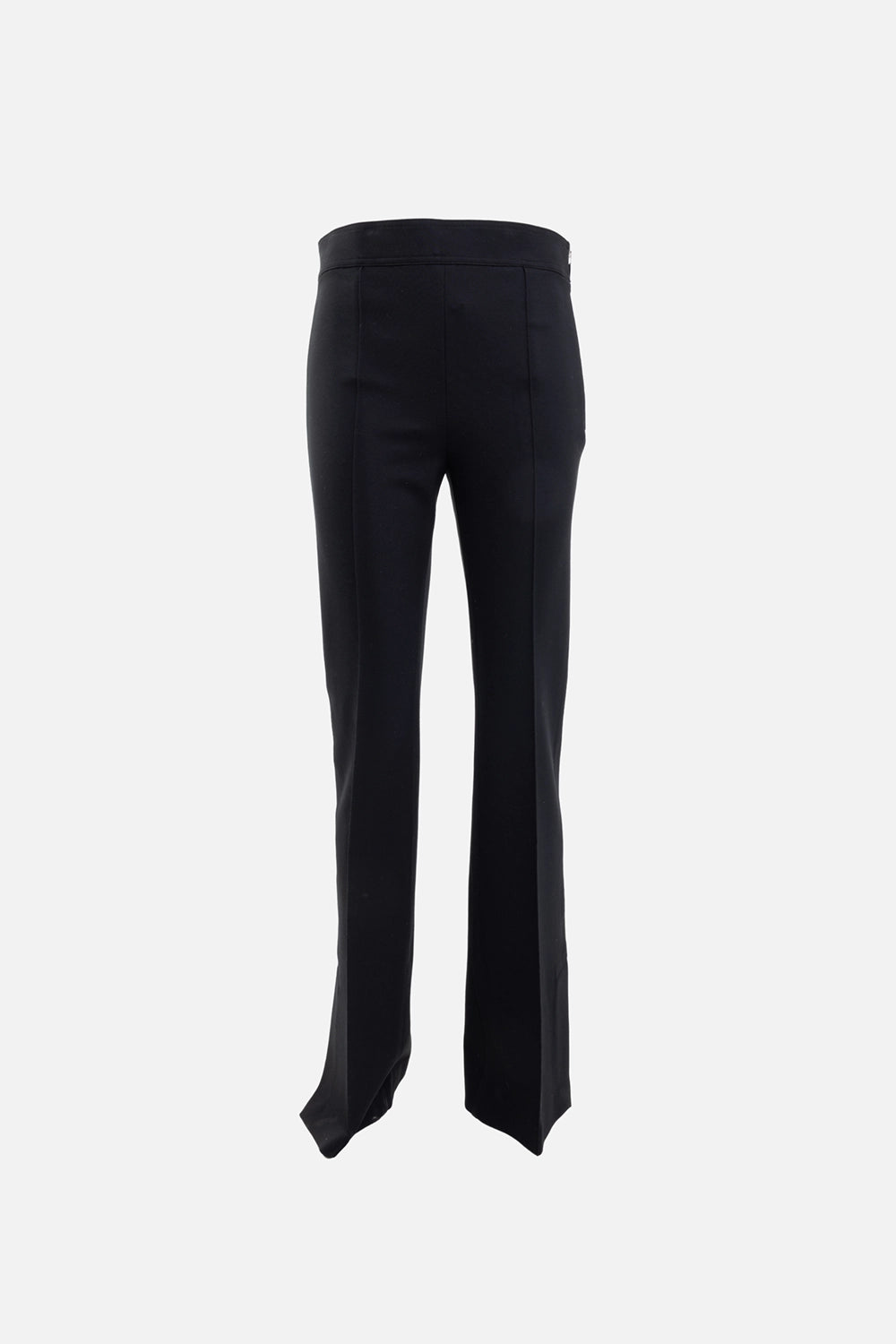 Helmut Lang women's ponte bootcut pants in black, front view, high-rise waistband with clean front seams