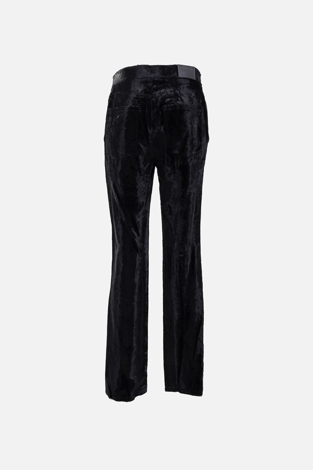 Helmut Lang women's pony-effect pants in black, back view, patch pockets with leather logo patch