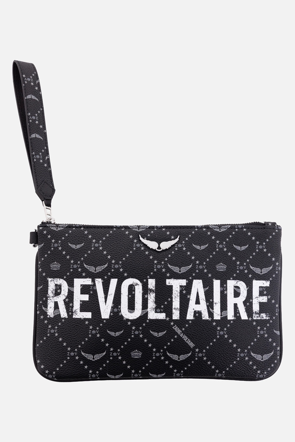 Zadig & Voltaire women's black pouch, front view with distressed Revoltaire logo and signature wings motif