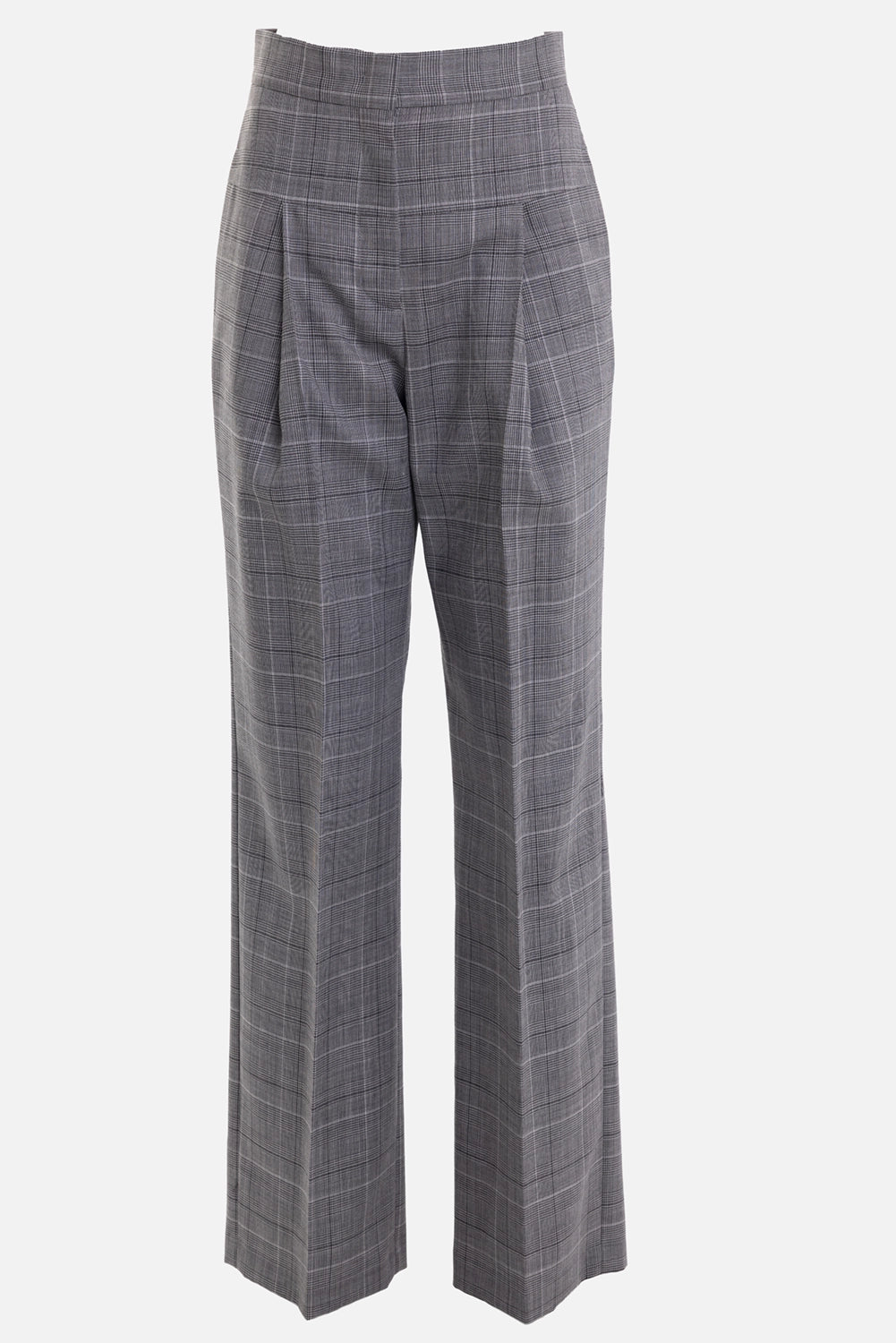 MSGM women's wool trousers in grey, front view with high waist, front pleats and check pattern