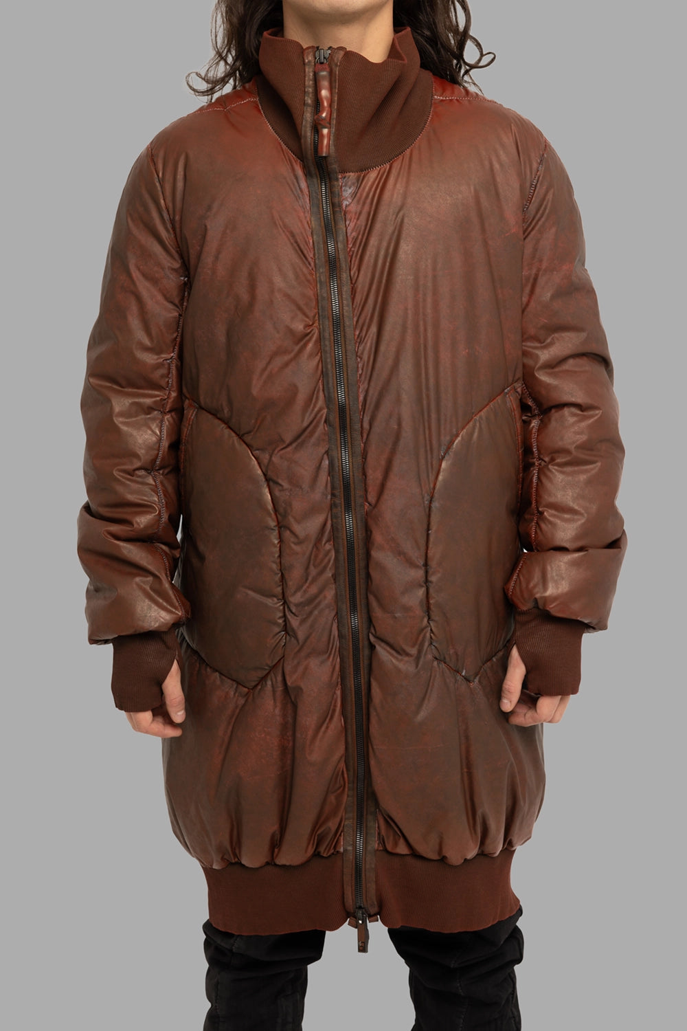 69 by Isaac Sellam men’s puffer coat in Dirty Red, front view, off-centre two-way zip and oval quilted pockets