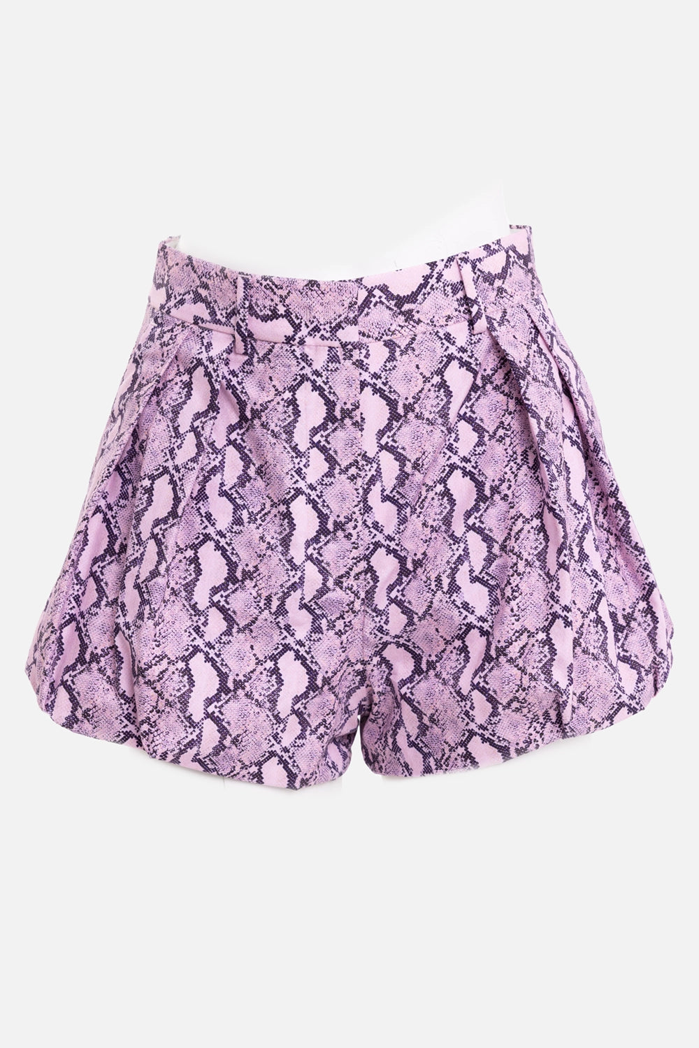 MSGM women's Bermuda shorts in Pink, front view, python print with side pleats and slanted pockets
