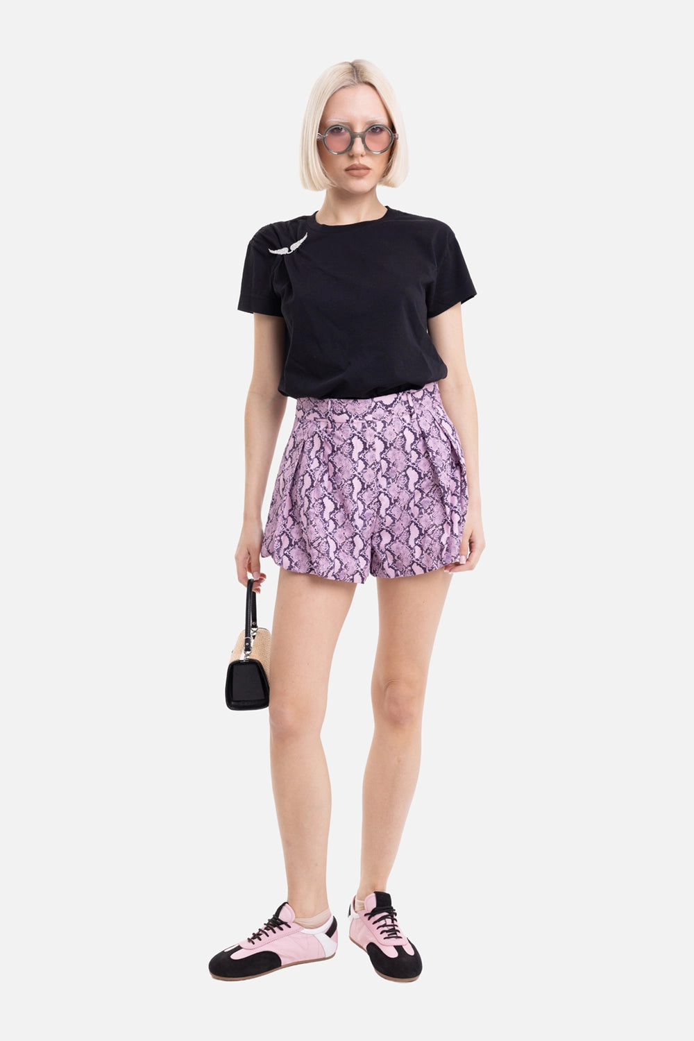 MSGM women's Bermuda shorts in Pink, on-model full-length view, high waist and pleated wide legs