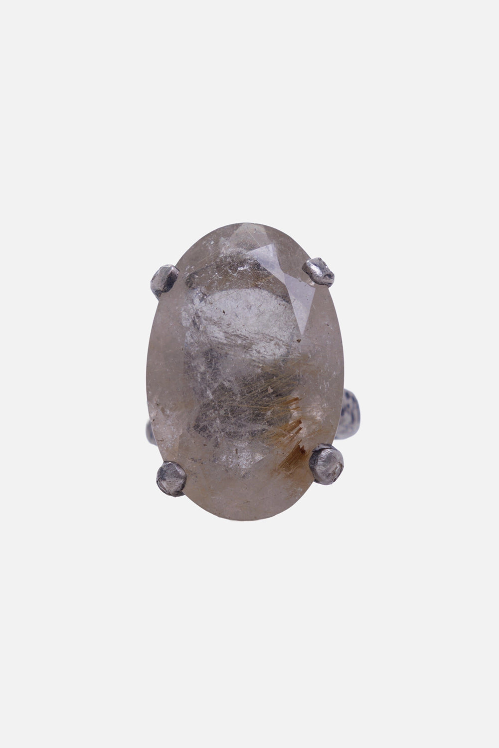Kundo unisex quartz statement ring in silver, front view with an included oval stone and four oversized prongs