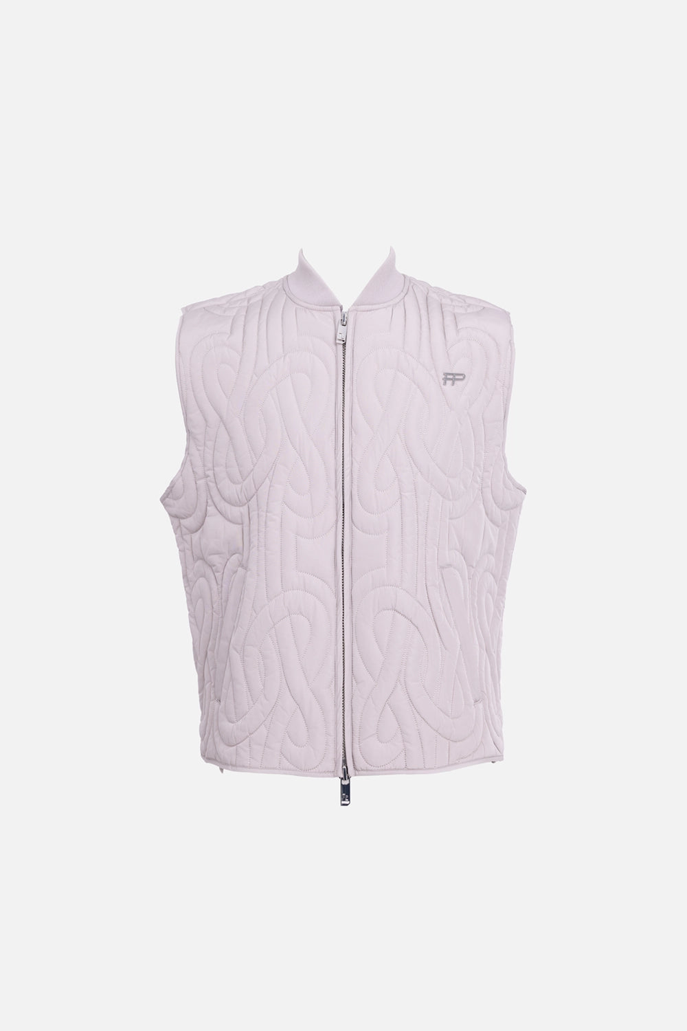 Filling Pieces mens quilted vest in Atmosphere, front view, tonal chest logo and zip fastening