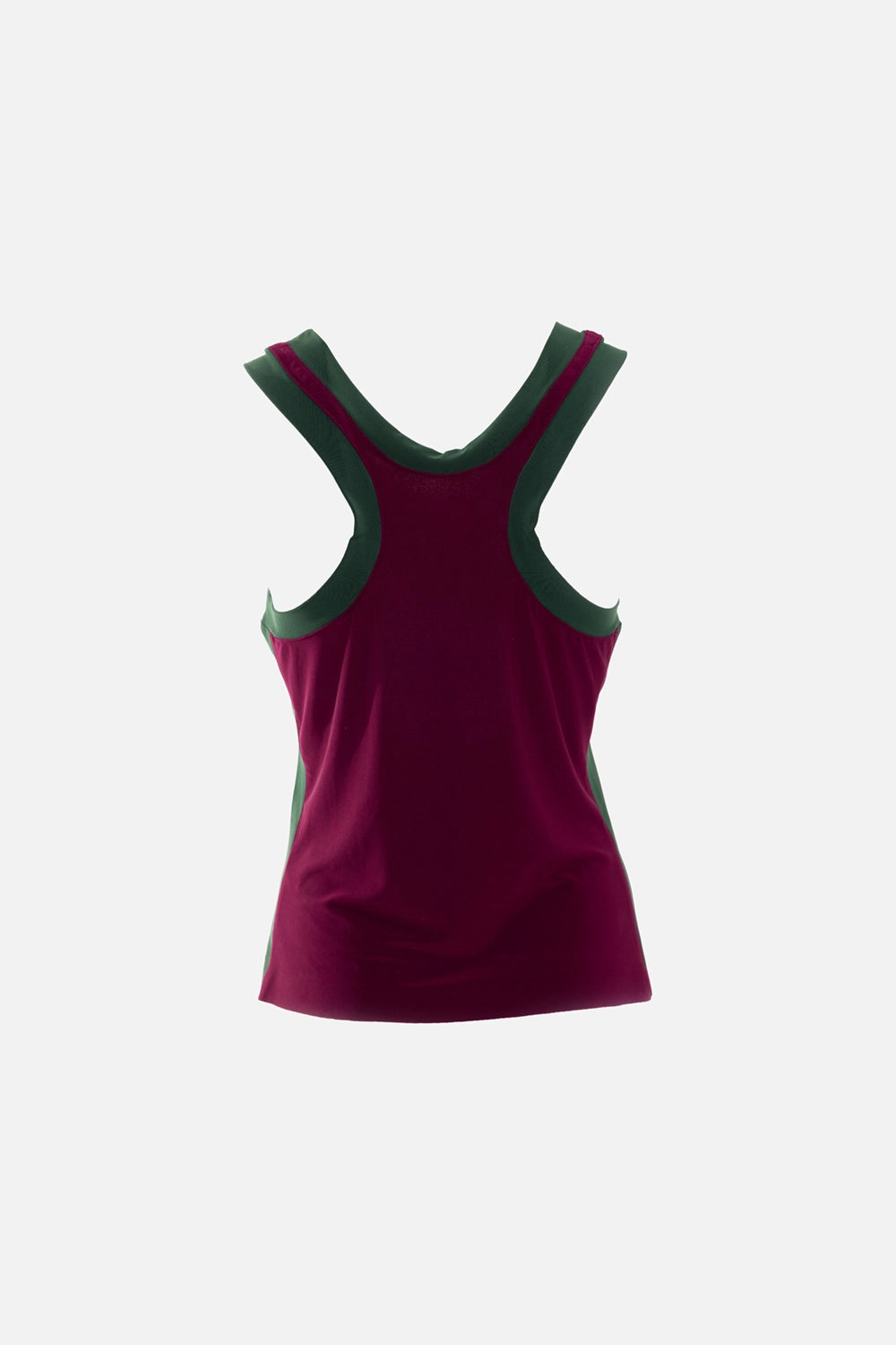 Norma Kamali women's racer tee in plum/dark emerald, back view, racerback cut with dark emerald trim