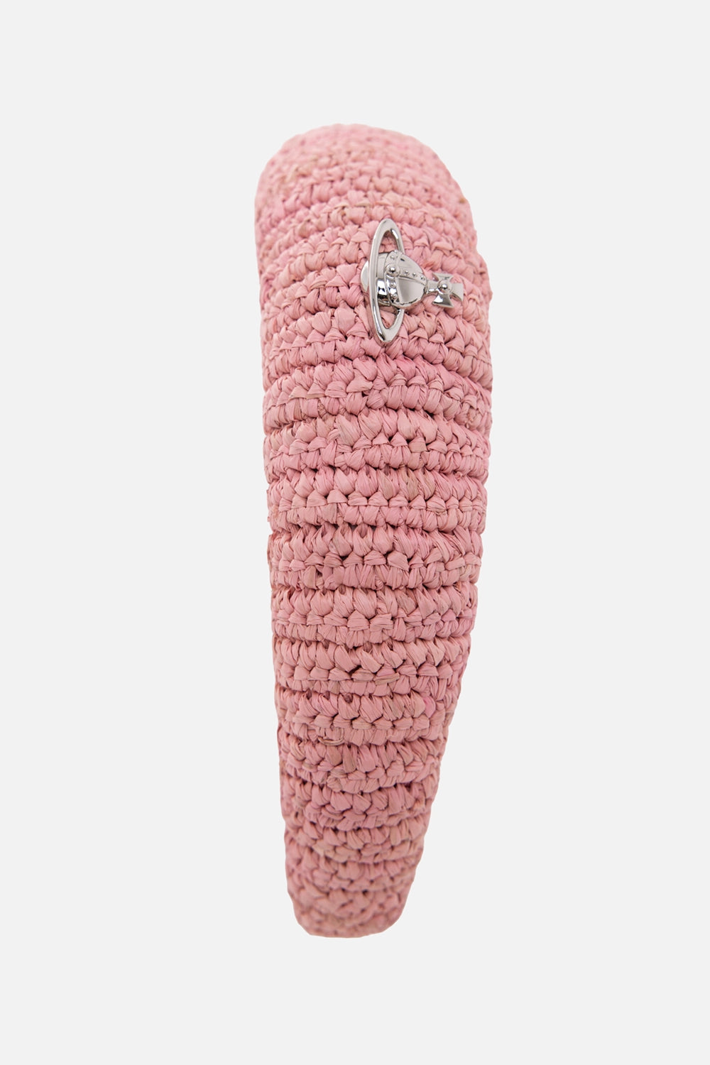 Vivienne Westwood women's headband in rose poudre, side view, silver Orb plaque on padded raffia band
