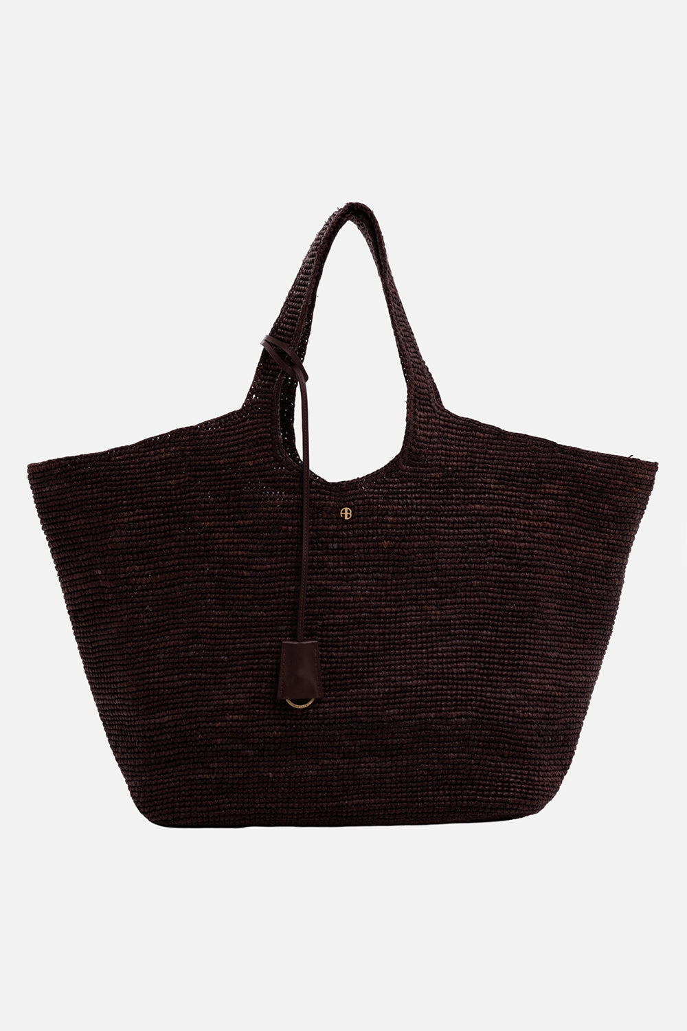 Anine Bing women's dark brown raffia tote bag, front view with gold monogram and leather keyfob