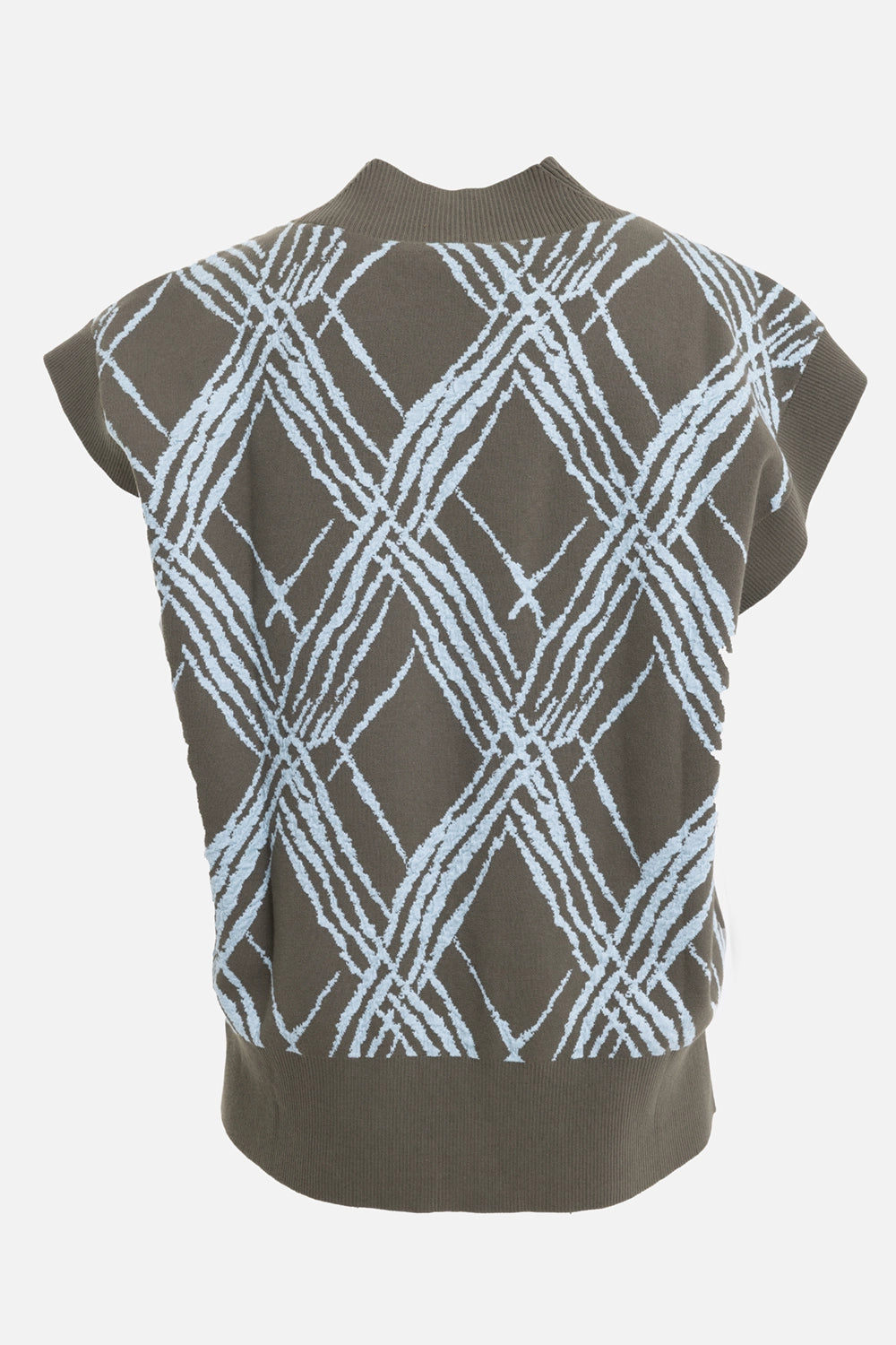 Joseph women's knit vest in palm leaf/chambray, back view with ribbed armholes and allover check pattern