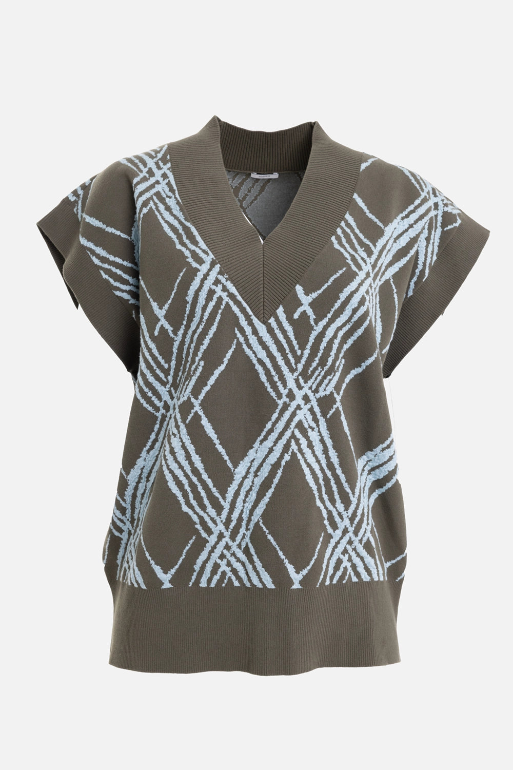 Joseph women's knit vest in palm leaf/chambray, front view with V neck and pale blue jacquard check