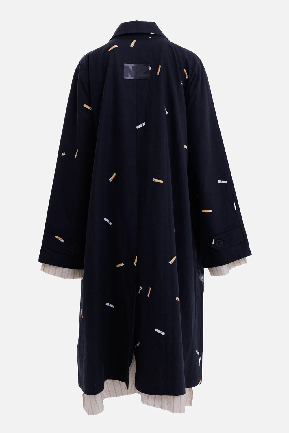 Natasha Zinko women's black raincoat, back view with cigarette print and tonal NZ logo patch