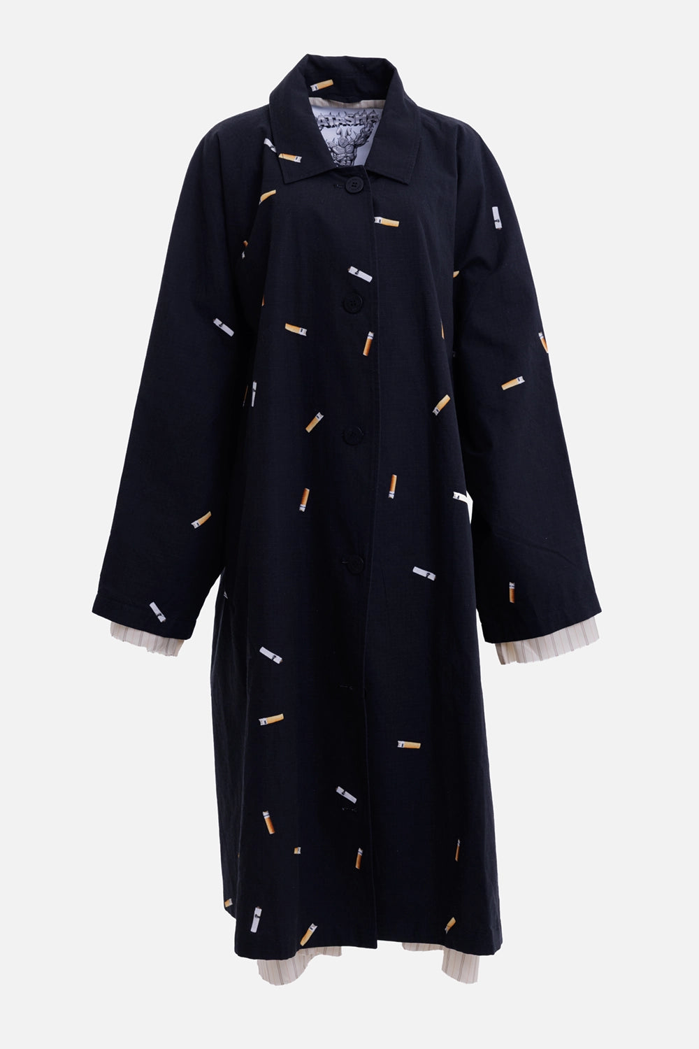 Natasha Zinko women's black raincoat, front view with pointed collar and button fastening