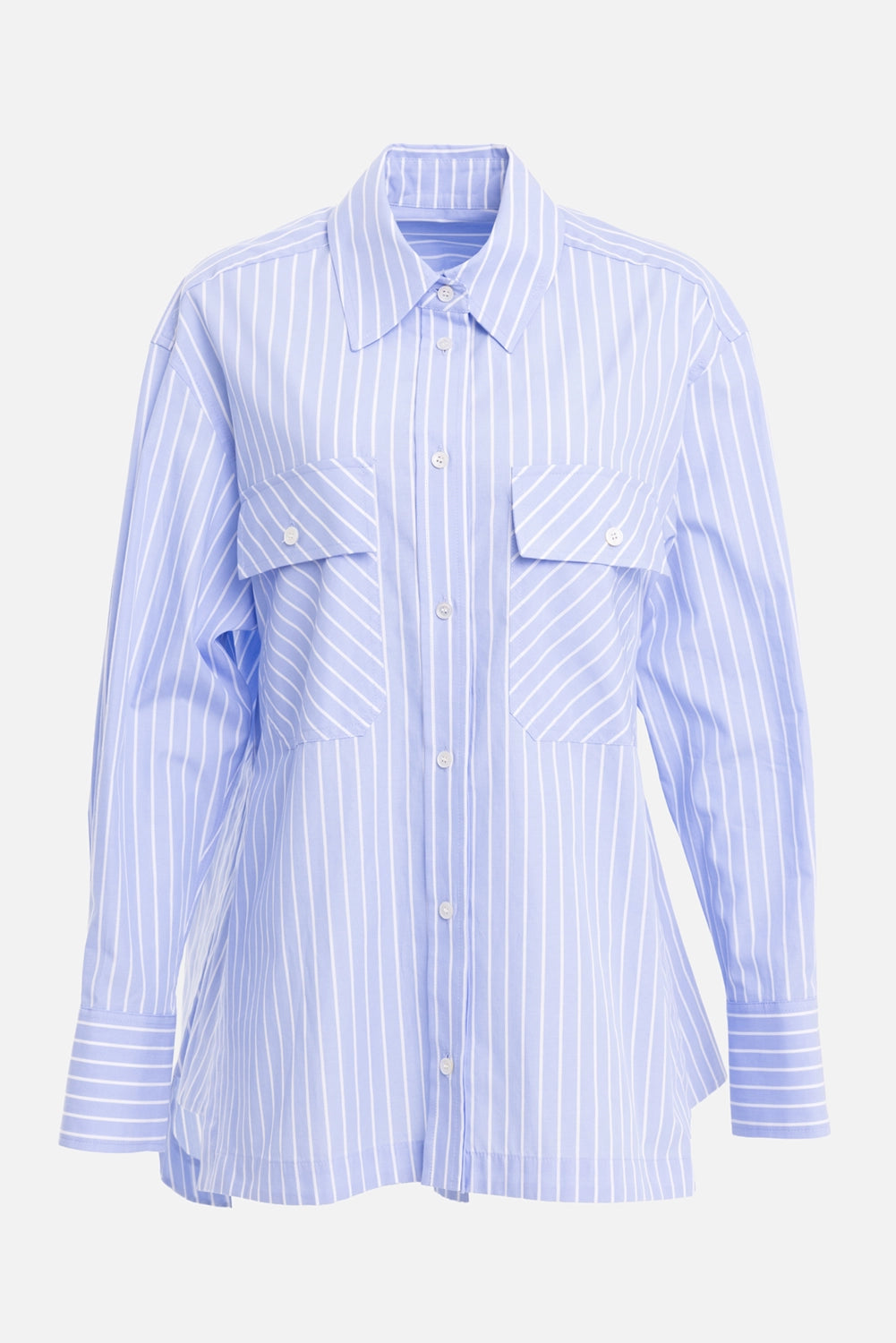 JOSEPH women's Ranya shirt in Light Blue Stripes, front view, flap chest pockets and point collar