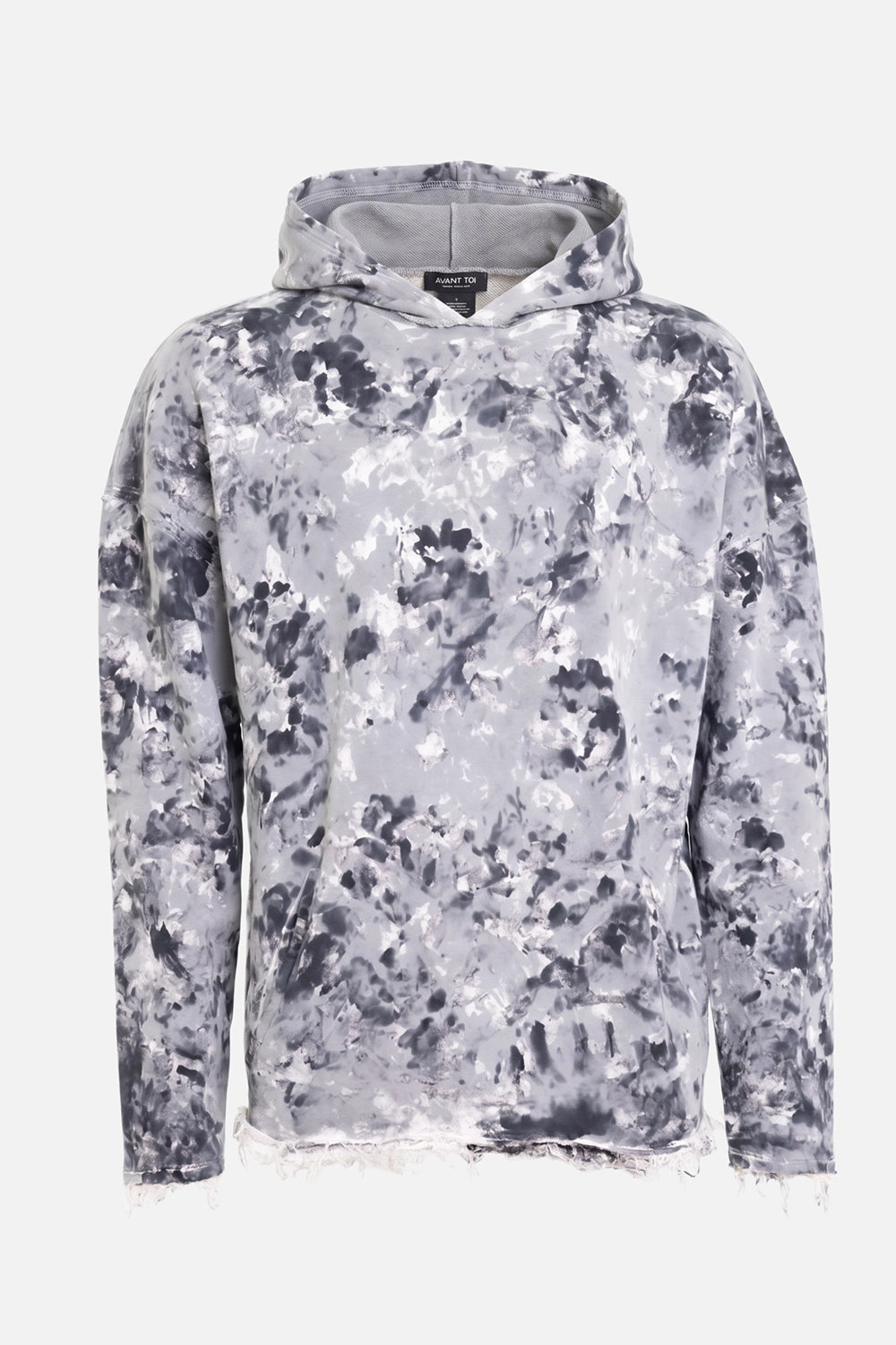 Avant Toi men's hoodie in Grey/Black, front view with all-over camo wash and frayed raw hem
