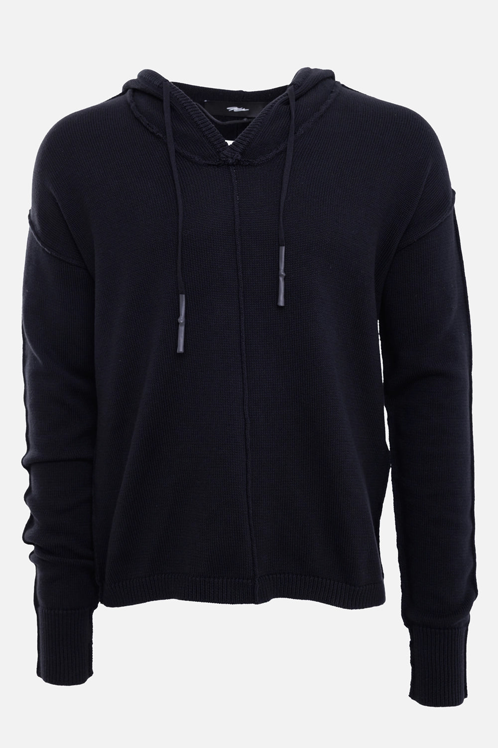 Justin Gall men's knit hoodie in black, front view, raw-edge hood opening and slim drawcords