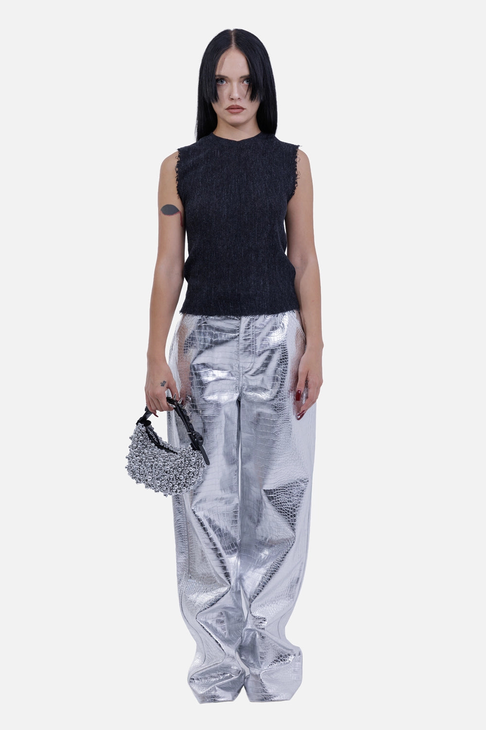 Helmut Lang women's Raw-Edge Tank in black, full model view with fitted shape and raw-edge hem