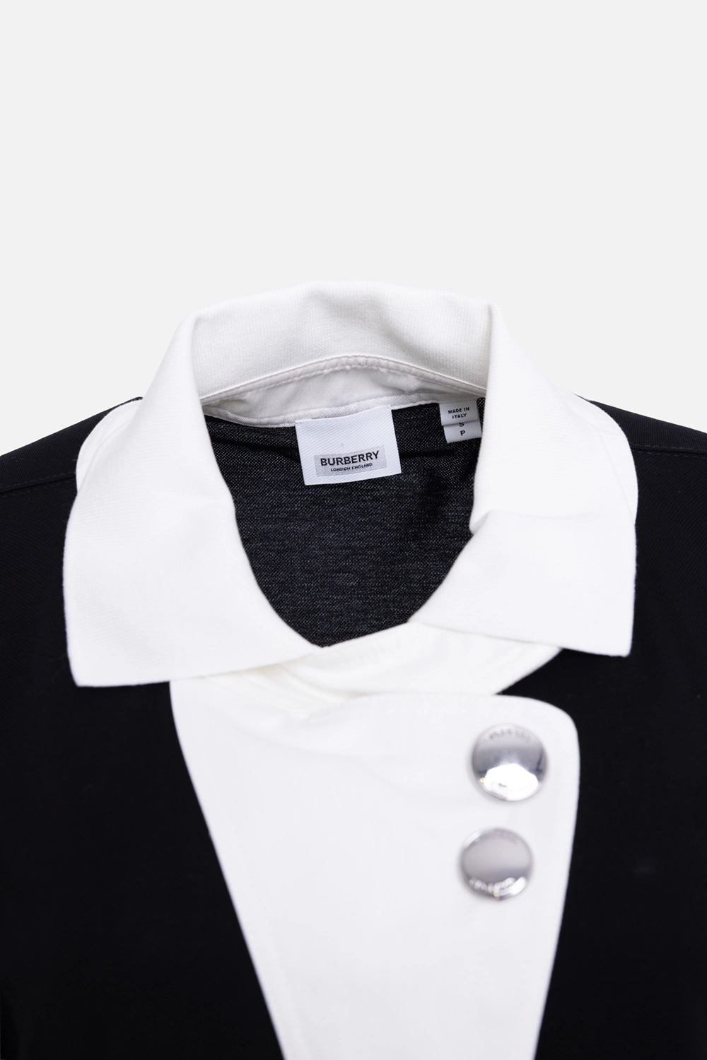 Pre-owned Burberry women's reconstructed polo shirt in black, collar detail, two silver snap buttons