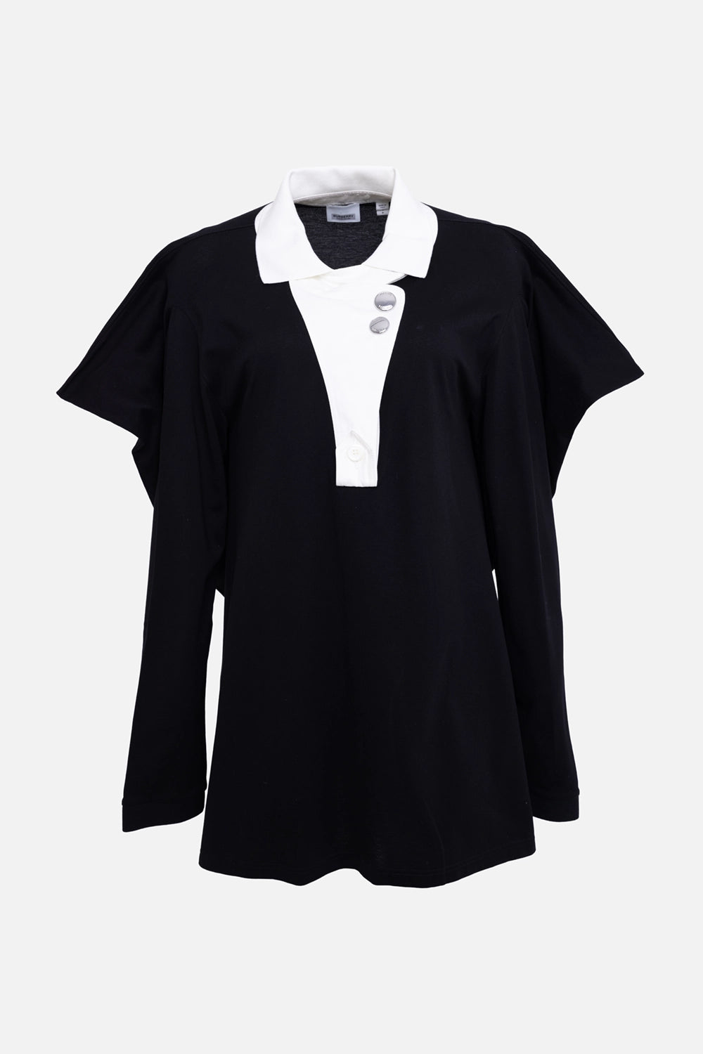 Pre-owned Burberry women's reconstructed polo shirt in black, front view, white collar and contrast bib