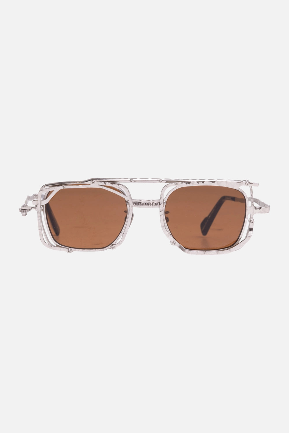 Kuboraum unisex rectangular sunglasses in silver, front view, brown lenses and open metal frame