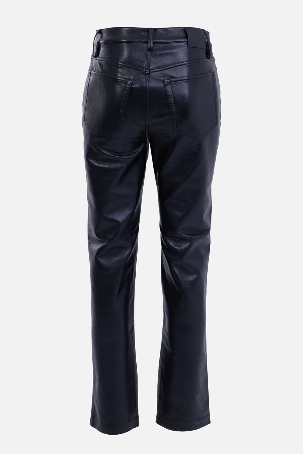 Anine Bing women's black Bruno leather pants, back view with patch pockets, belt loops and tonal waistband patch