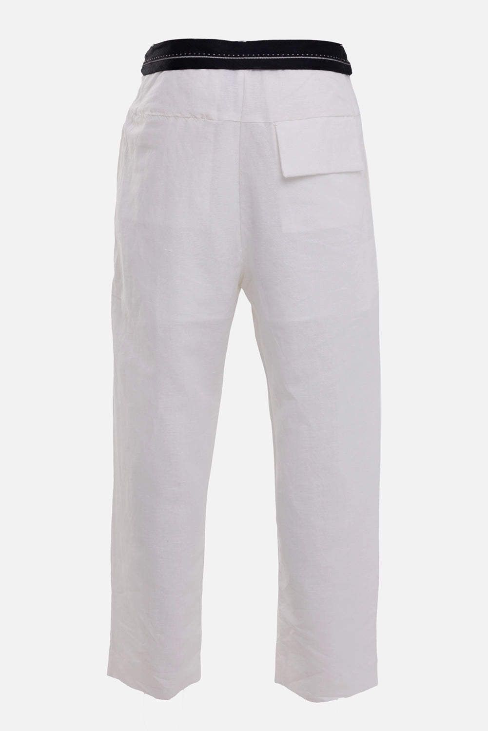 Giovanni Cavagna men's trousers in white, back view, black inner waistband and single flap pocket