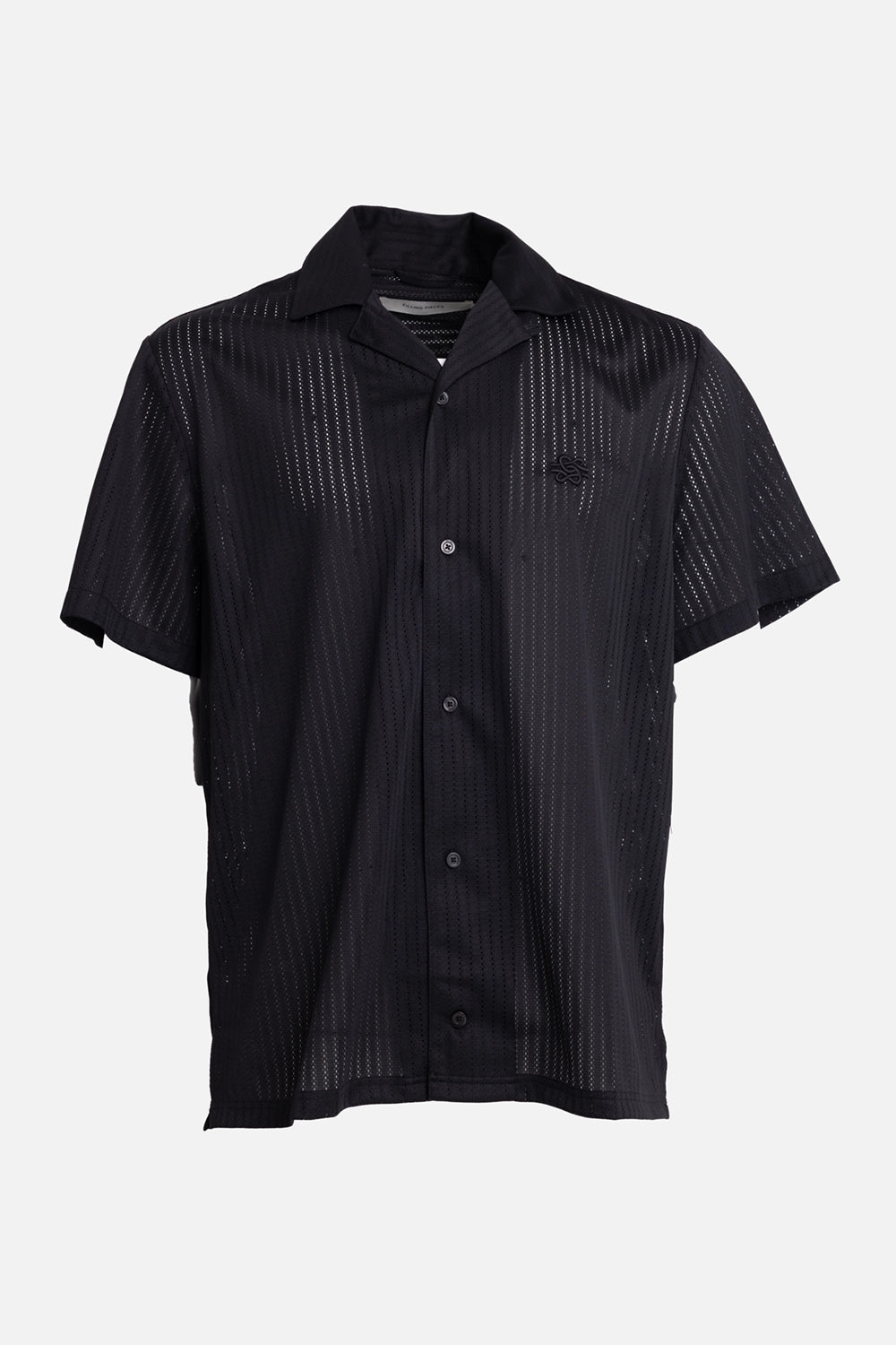 Filling Pieces men's mesh resort shirt in black, front view, camp collar and tonal chest embroidery