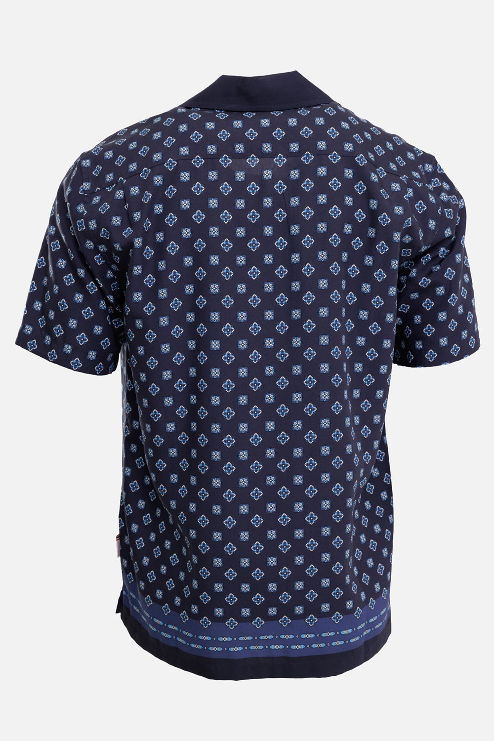 Orlebar Brown men's resort shirt in Night Iris, back view with short sleeves and geometric print border hem