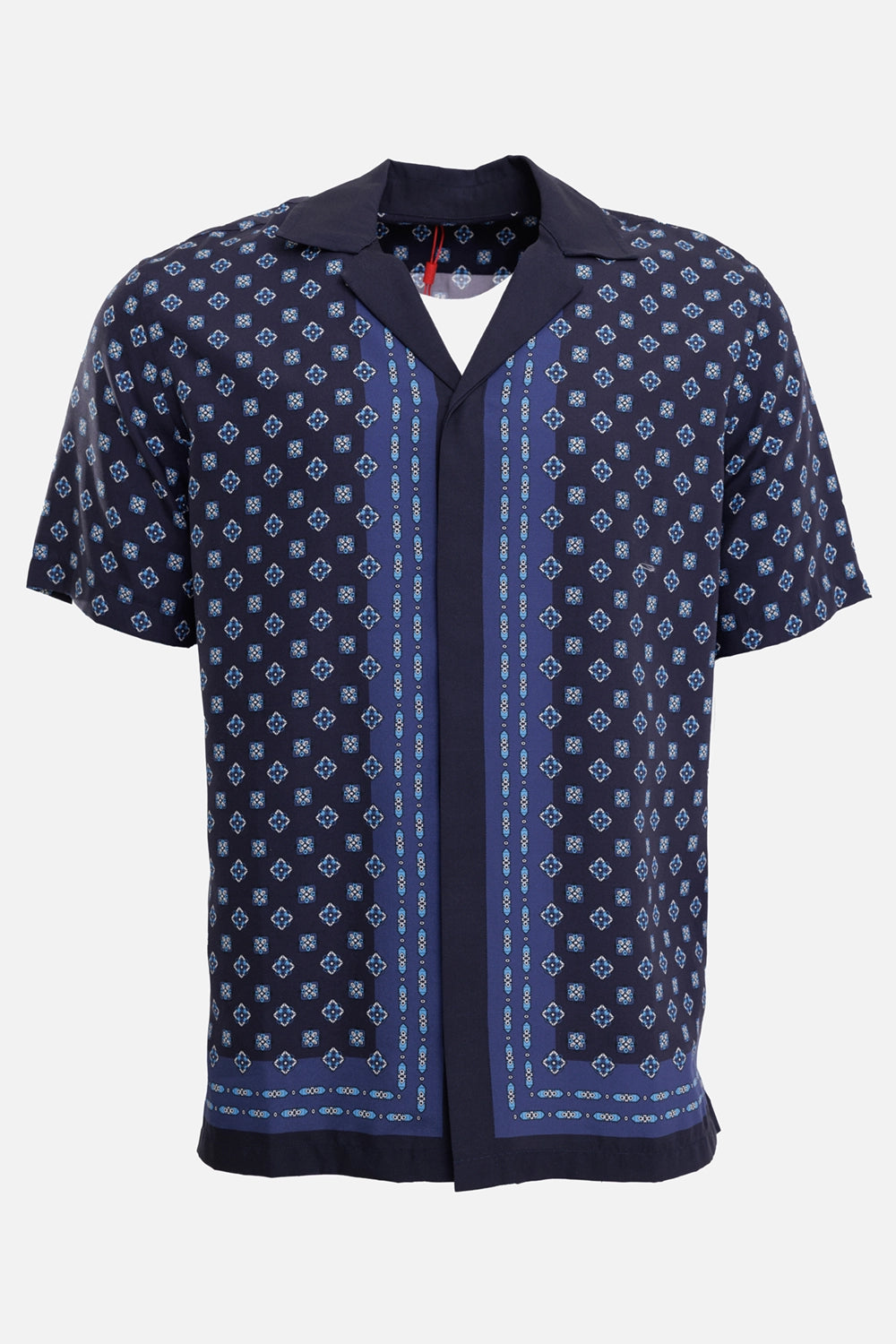 Orlebar Brown men's resort shirt in Night Iris, front view with Capri collar and concealed placket