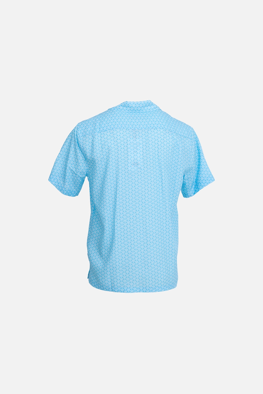 Orlebar Brown men’s resort shirt in synth blue, back view, reticolo geometric print with straight hem