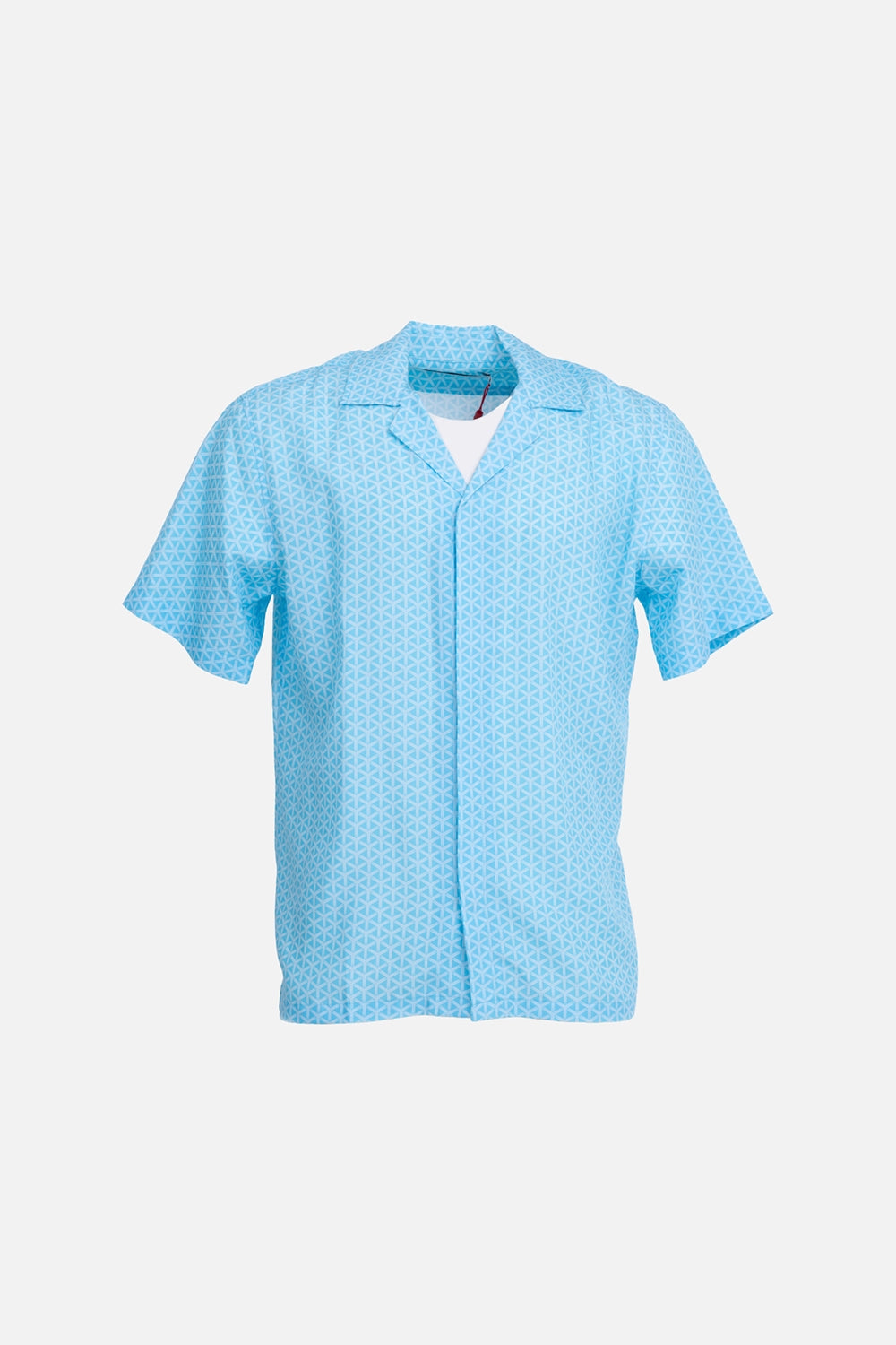 Orlebar Brown men’s resort shirt in synth blue, front view, reticolo geometric print with camp collar