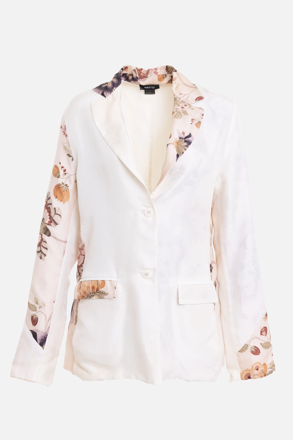 Avant Toi women's silk twill jacket in Vaniglia, front view, floral sleeve inserts and two-button closure