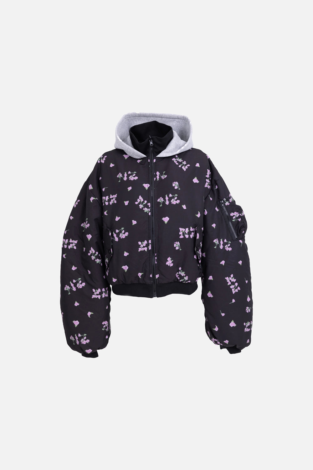 Natasha Zinko reversible bomber jacket in black/grey, front view, zip closure with sleeve zip pocket