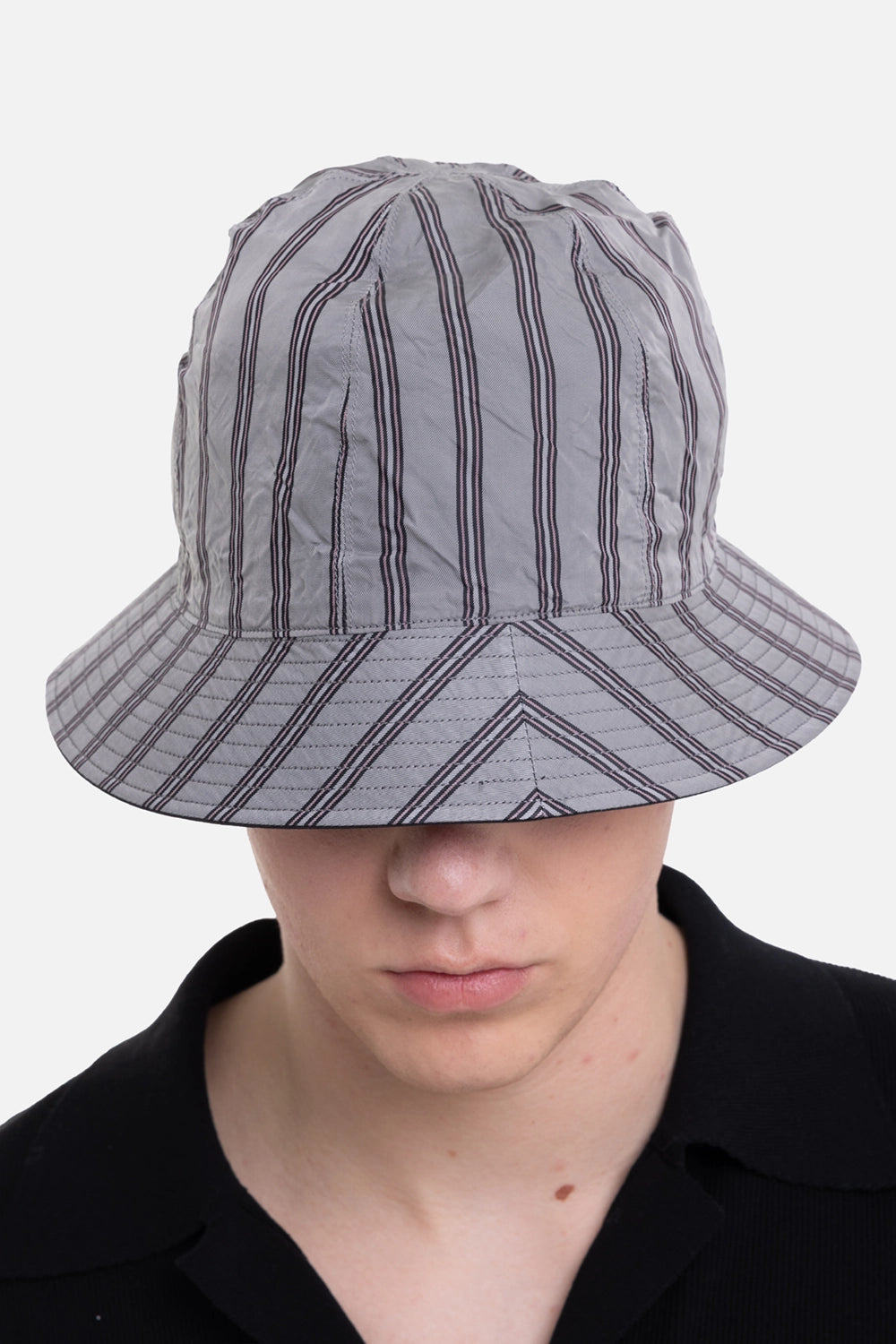 KIJIMA TAKAYUKI unisex bucket hat in black/gray, front view in black cotton twill with wide stitched brim