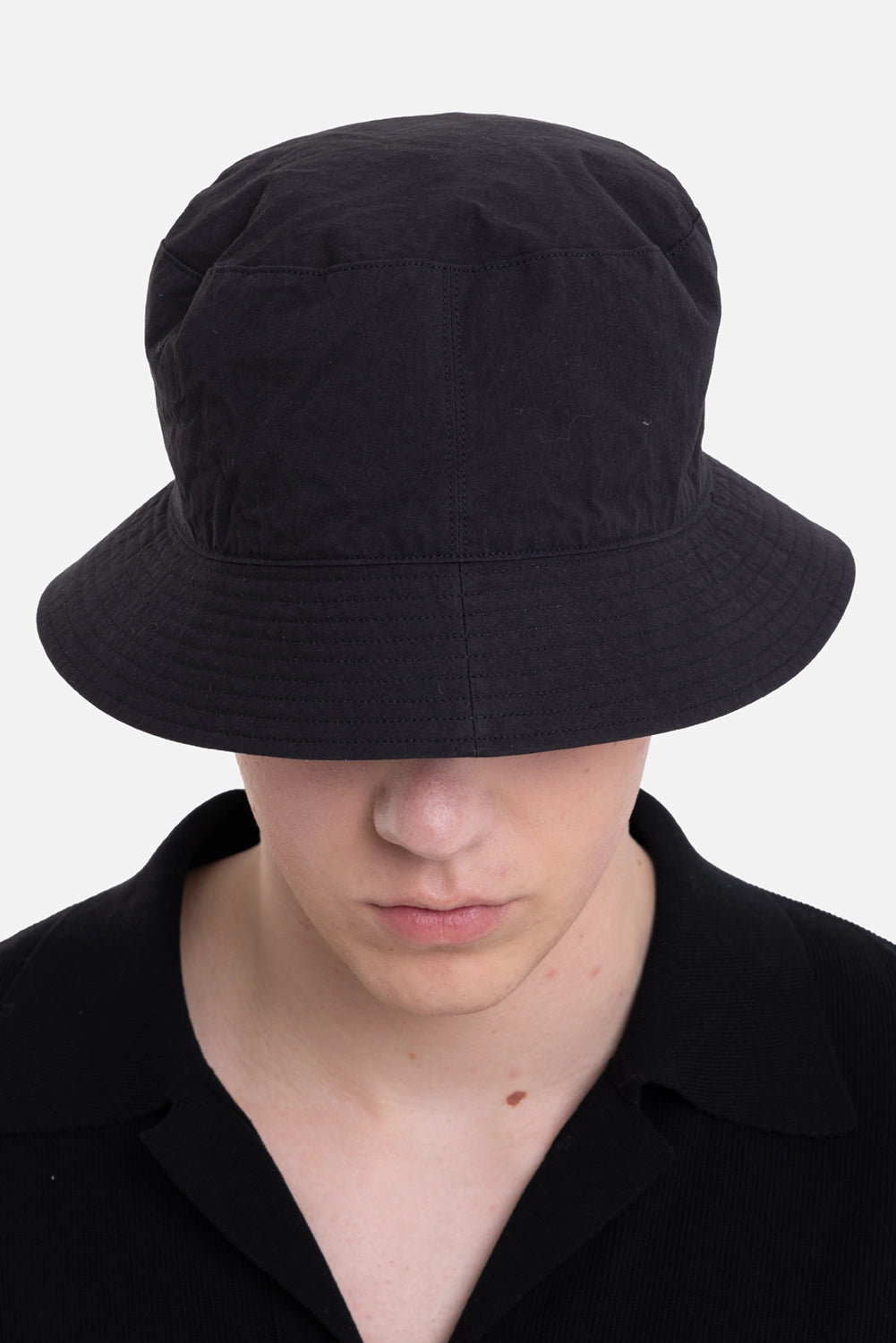 KIJIMA TAKAYUKI unisex bucket hat in black/gray, reverse front view with striped cupro side and stitched brim