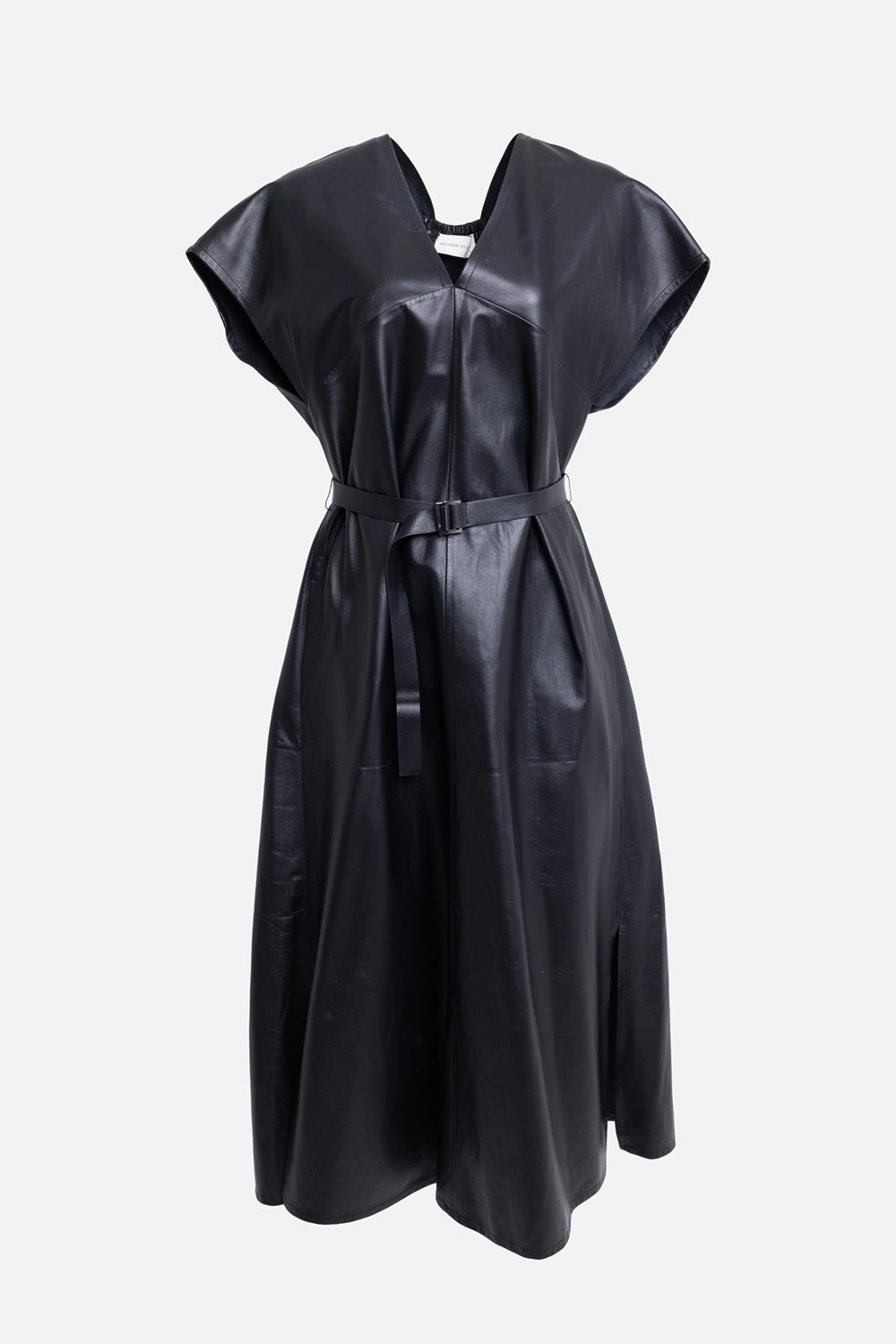 Pre-owned Maison Ullens women's leather dress in black, front view, V-neckline and belted waist with rectangular buckle
