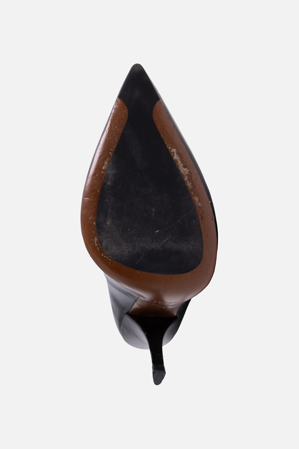 Pre-owned Fendi women’s sock boots in black, sole view, worn leather outsole with pointed toe shape