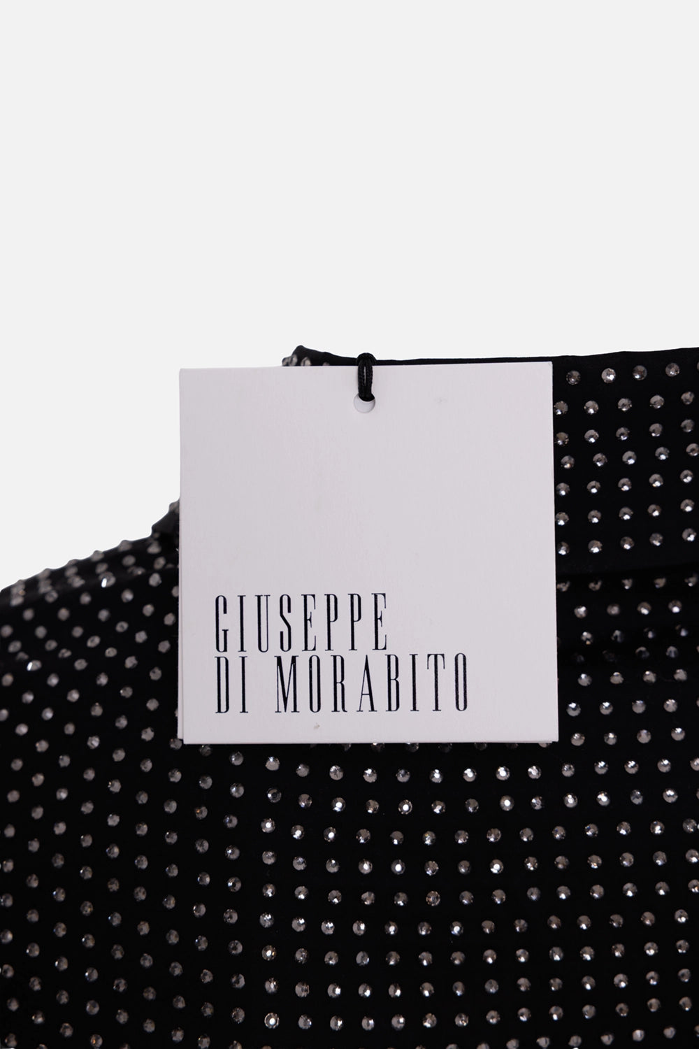 Giuseppe Di Morabito women's shirt in black, label view, logo hang tag and allover rhinestones