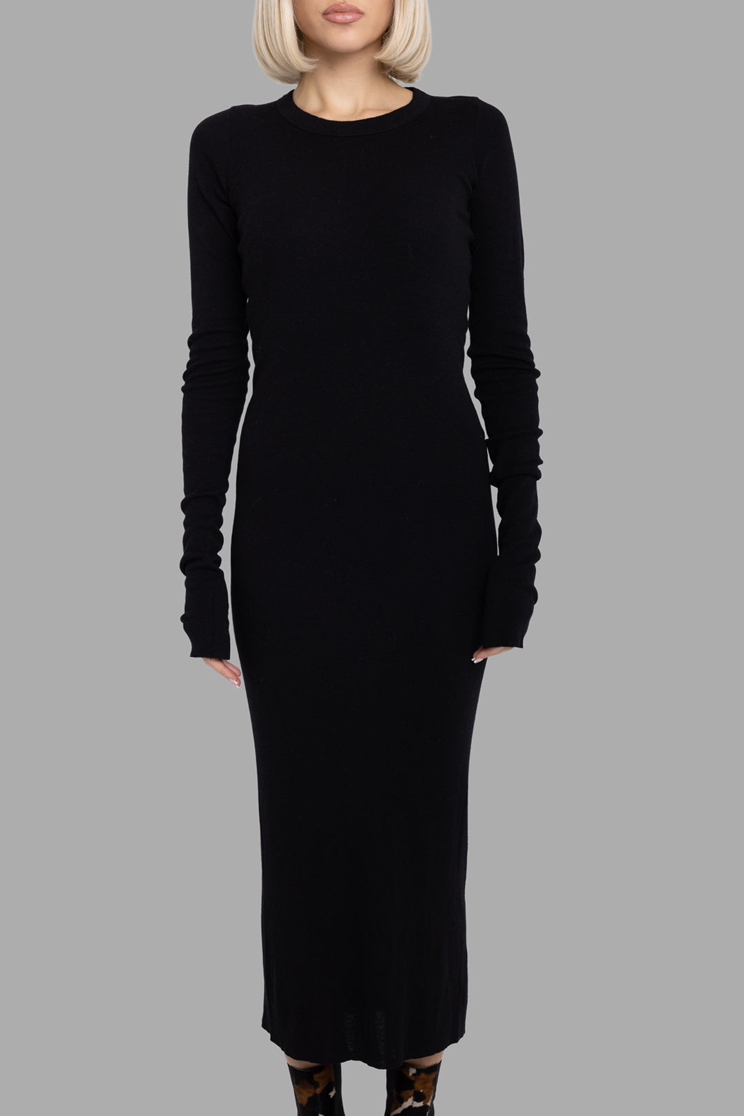 Rick Owens women's black rib long sleeve midi dress, front view showing crew neck and elongated sleeves.
