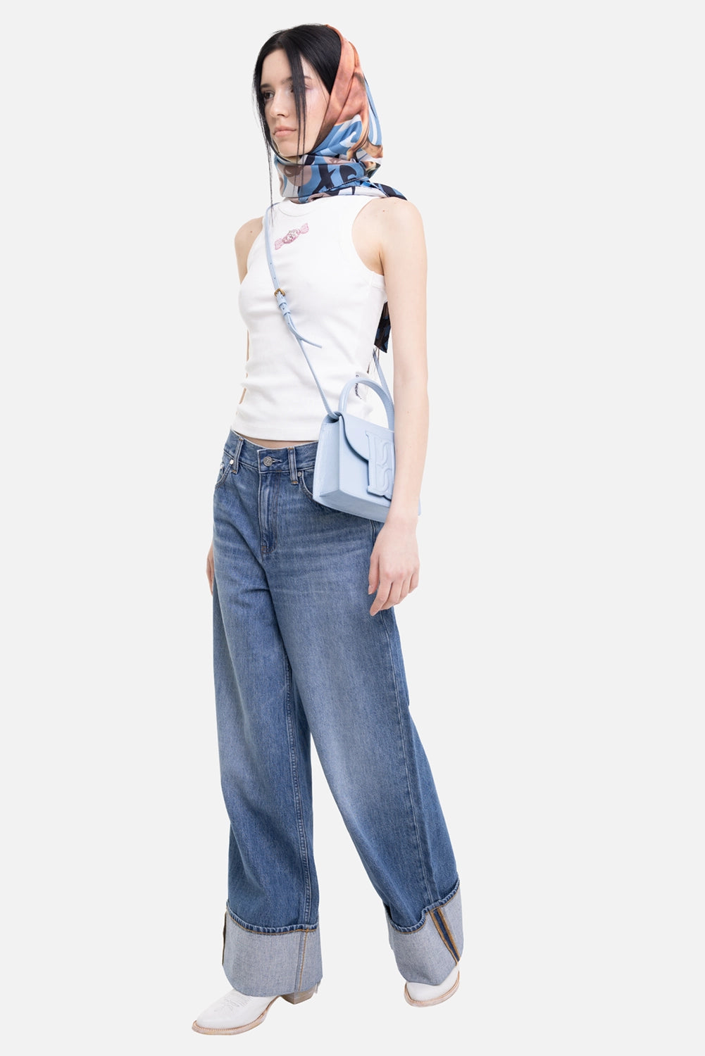 Des Phemmes women's rib tank top in off white, on-model full-length view, fitted silhouette and jewel motif
