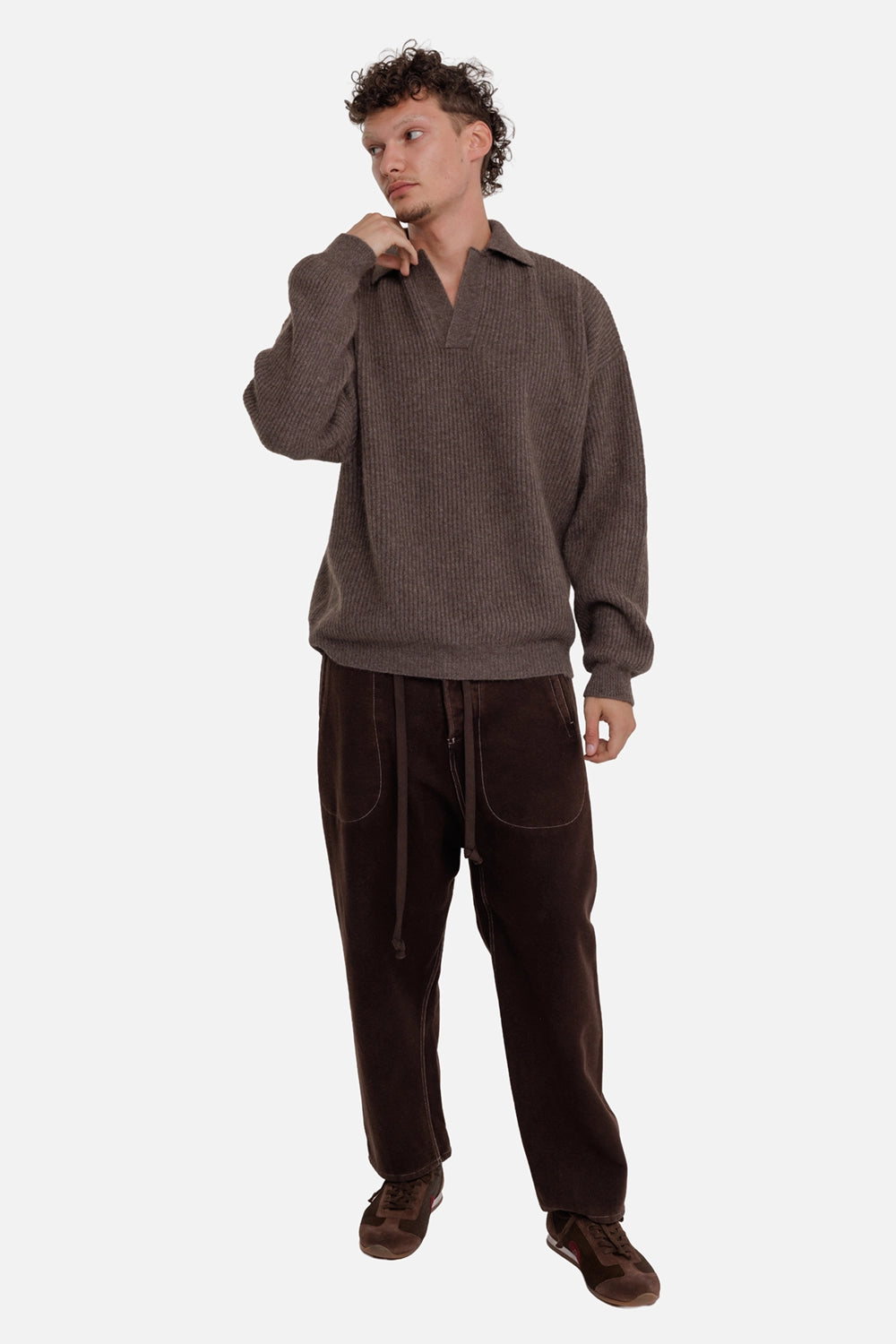 Uma Wang men's brown cashmere polo sweater, full-length on-model view with open collar and relaxed fit