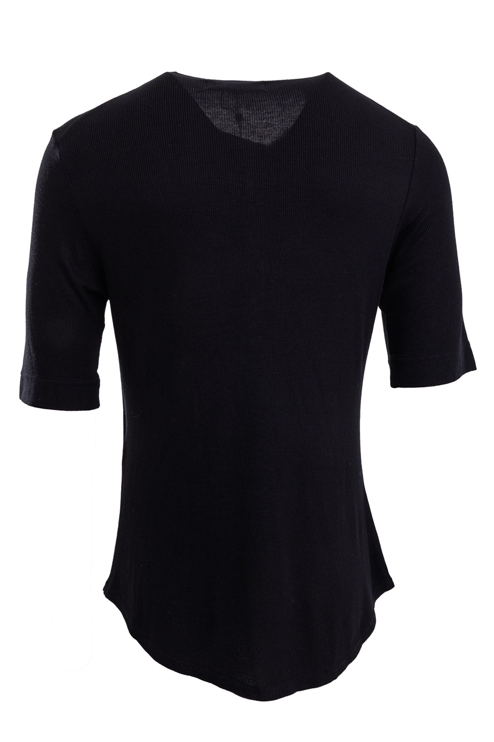 Vivienne Westwood men's black ribbed Henley T-shirt, back view with elbow-length sleeves and curved hem