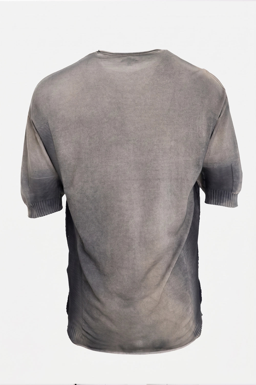 MD75 men's T-shirt in ash black, back view with gradient wash, ribbed side panels and rolled neckline