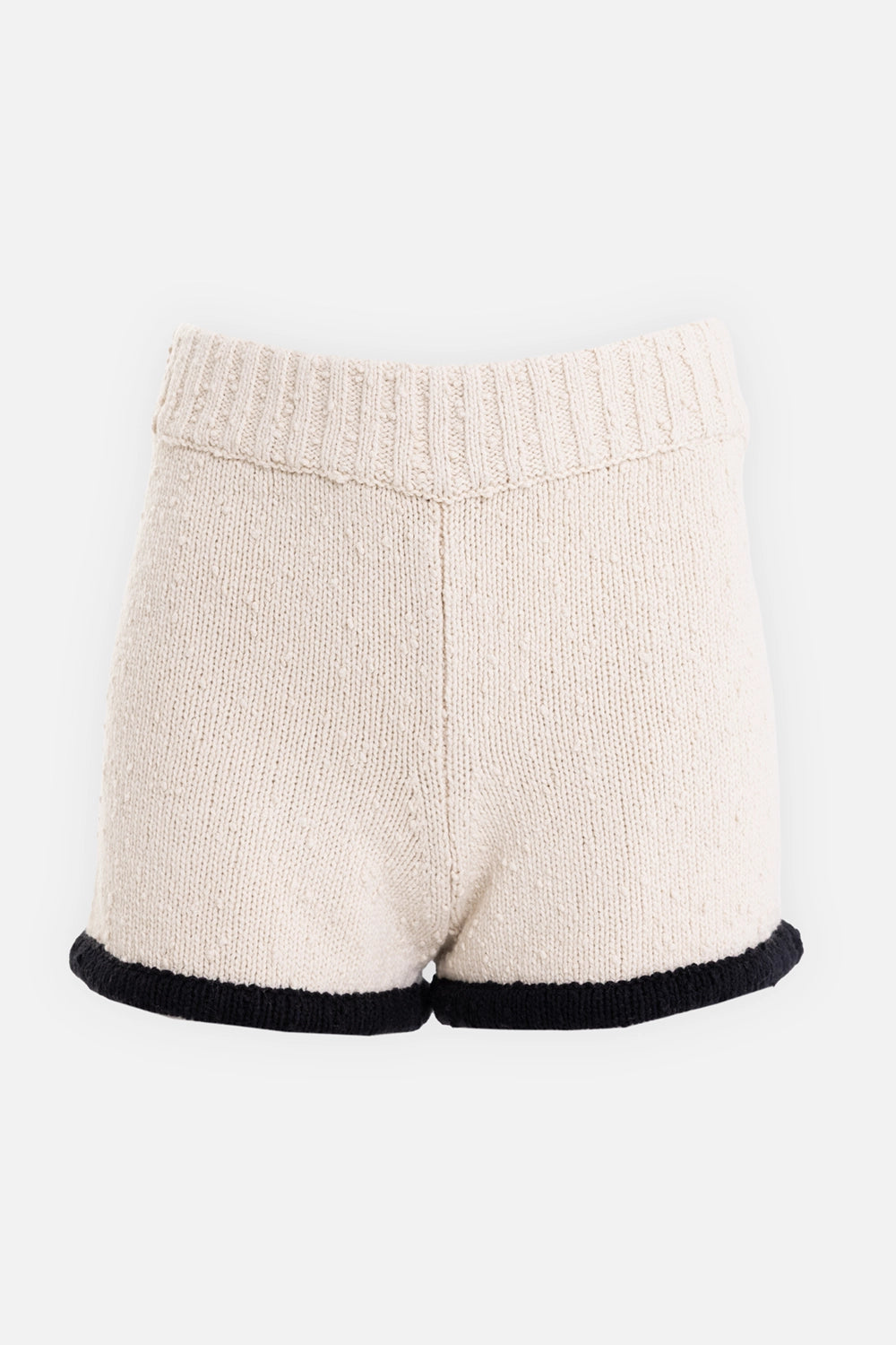 By Malene Birger women's knit shorts in black white color block, front view with ribbed waistband