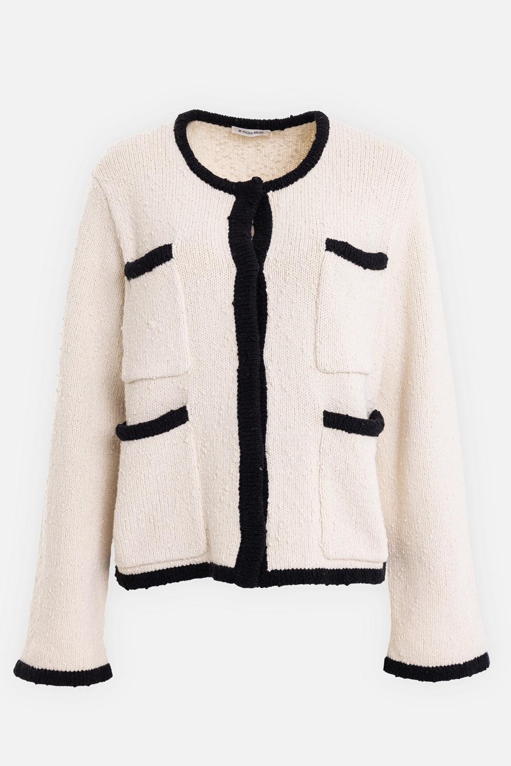 By Malene Birger women's Rikko cardigan in Black White Color Block, front view with contrast rib trim and pockets