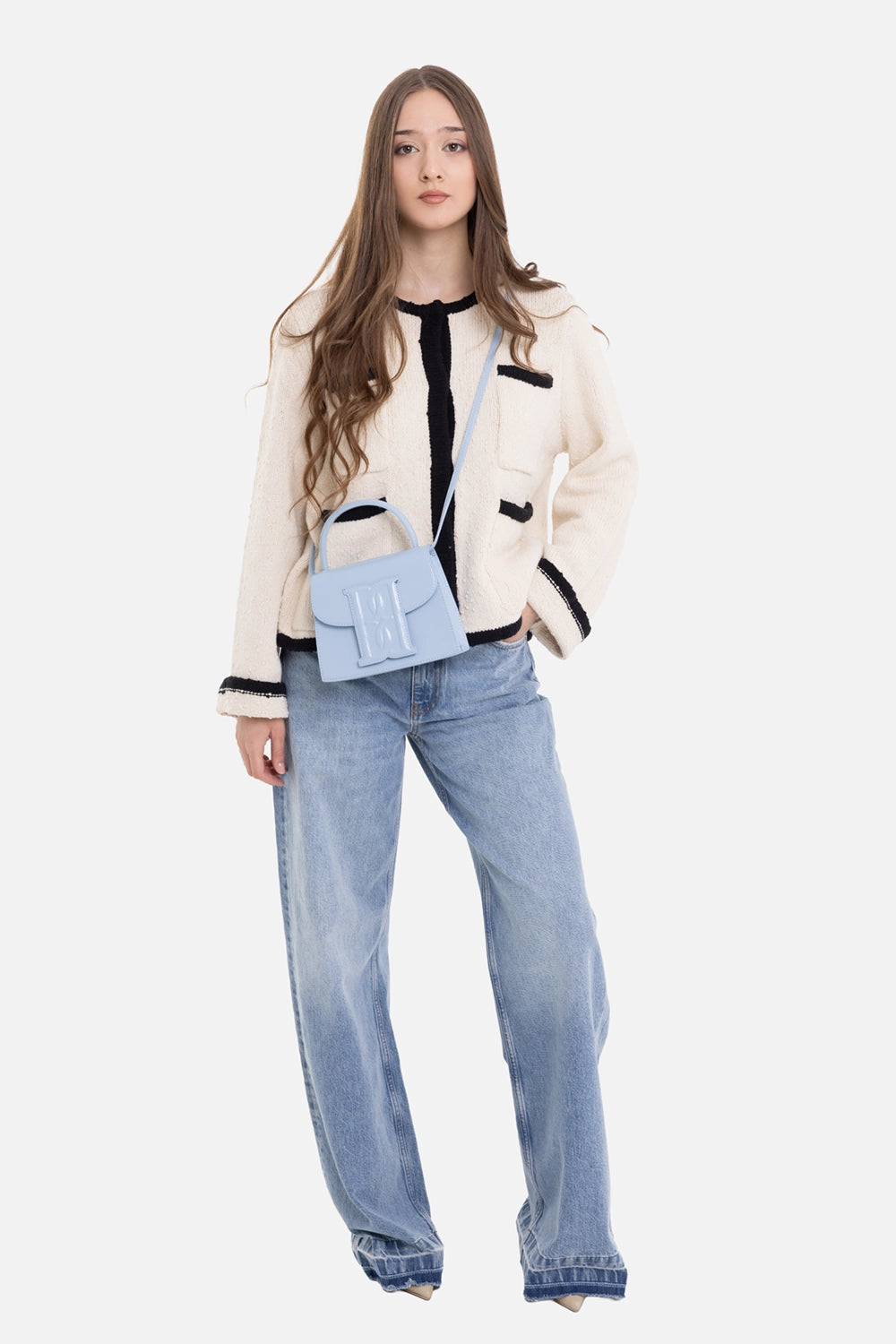 By Malene Birger women's Rikko cardigan in Black White Color Block, on-model full-length with cropped fit and pockets